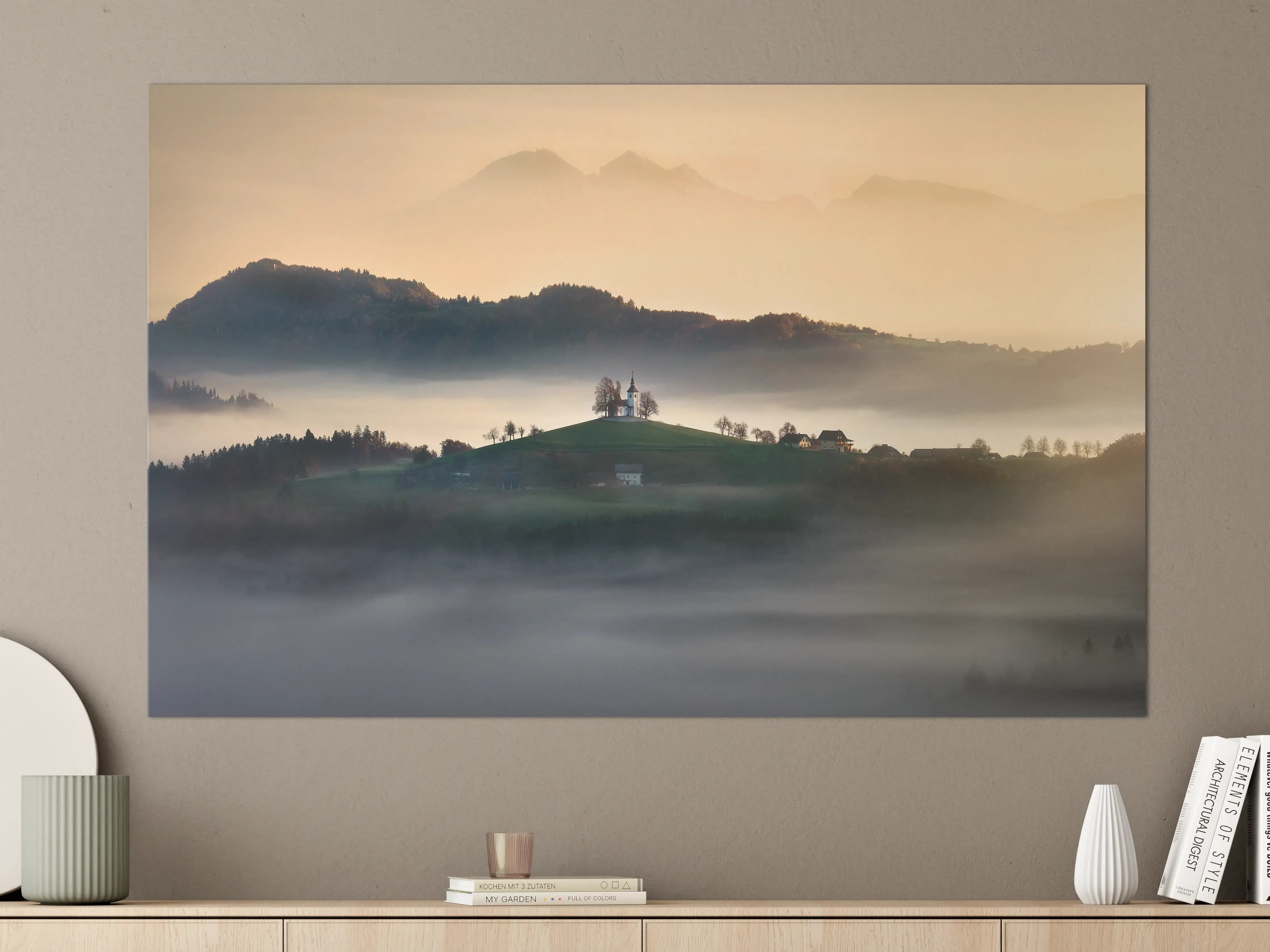 Große Wandbilder - Neblige Hügellandschaft bei Sonnenaufgang