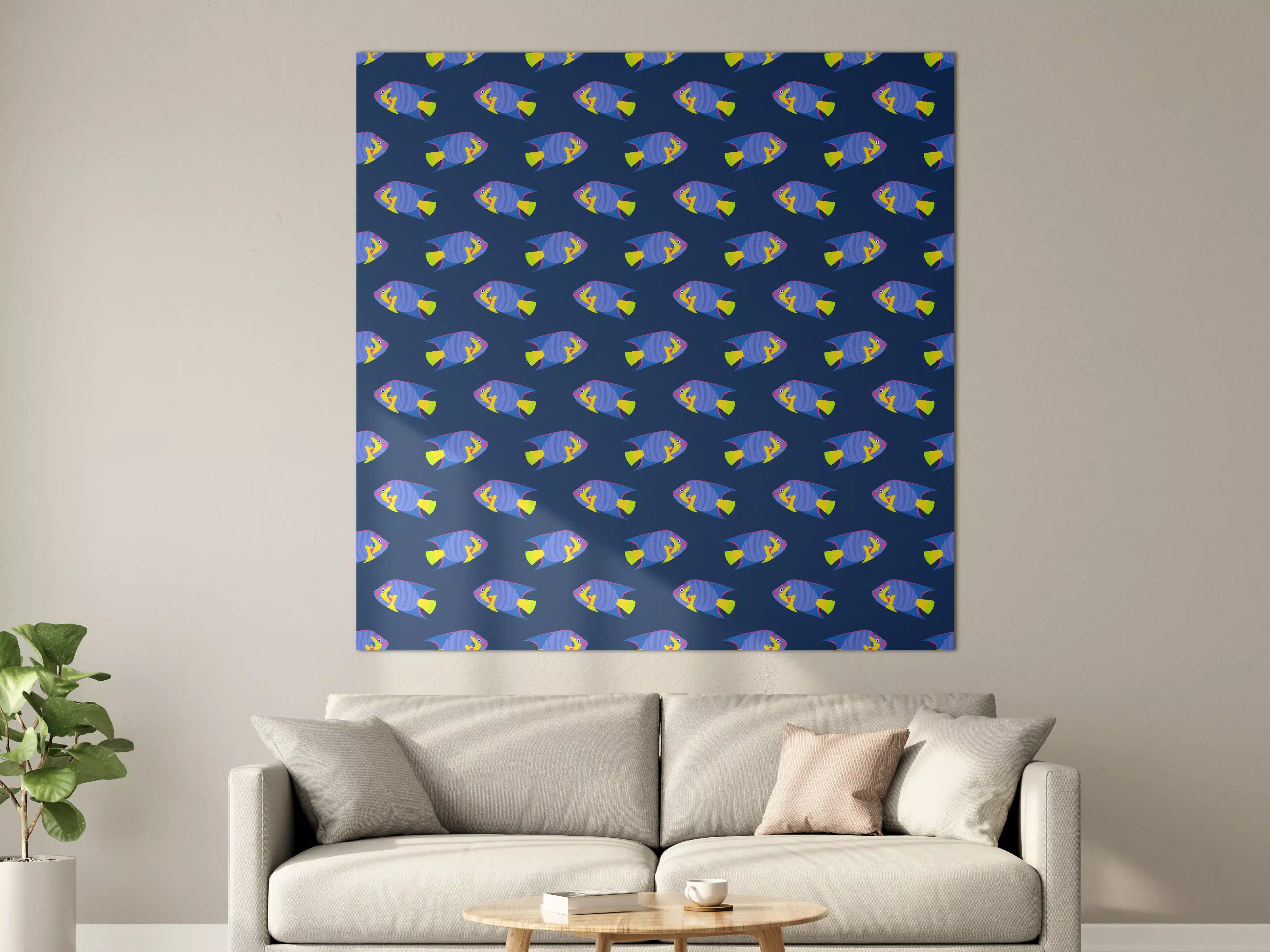 Große Wandbilder - Neon-Fische Blau-Gelb Muster