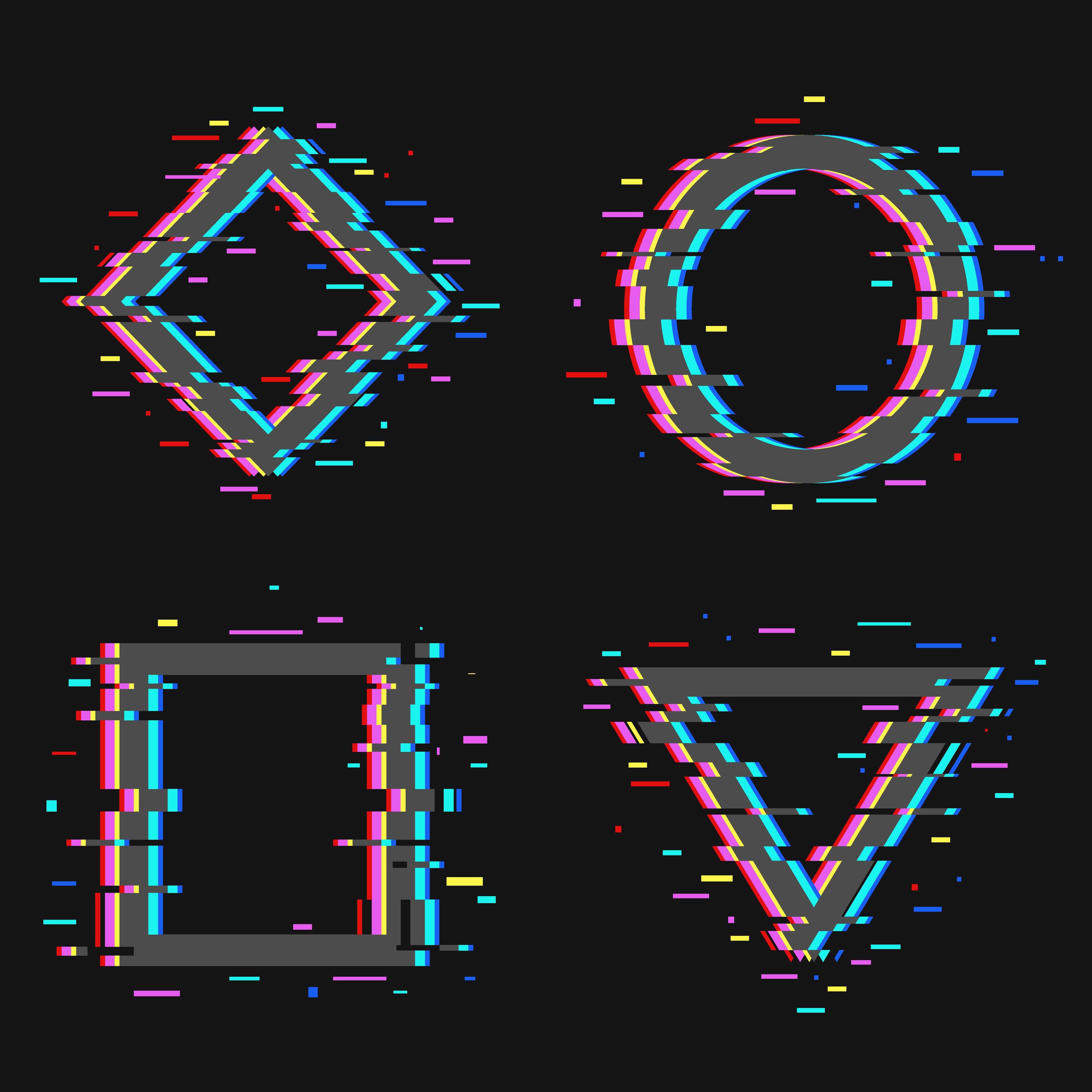 Große Wandbilder-Neon-gewaschene geometrische Symbole auf schwarzem Hintergrund