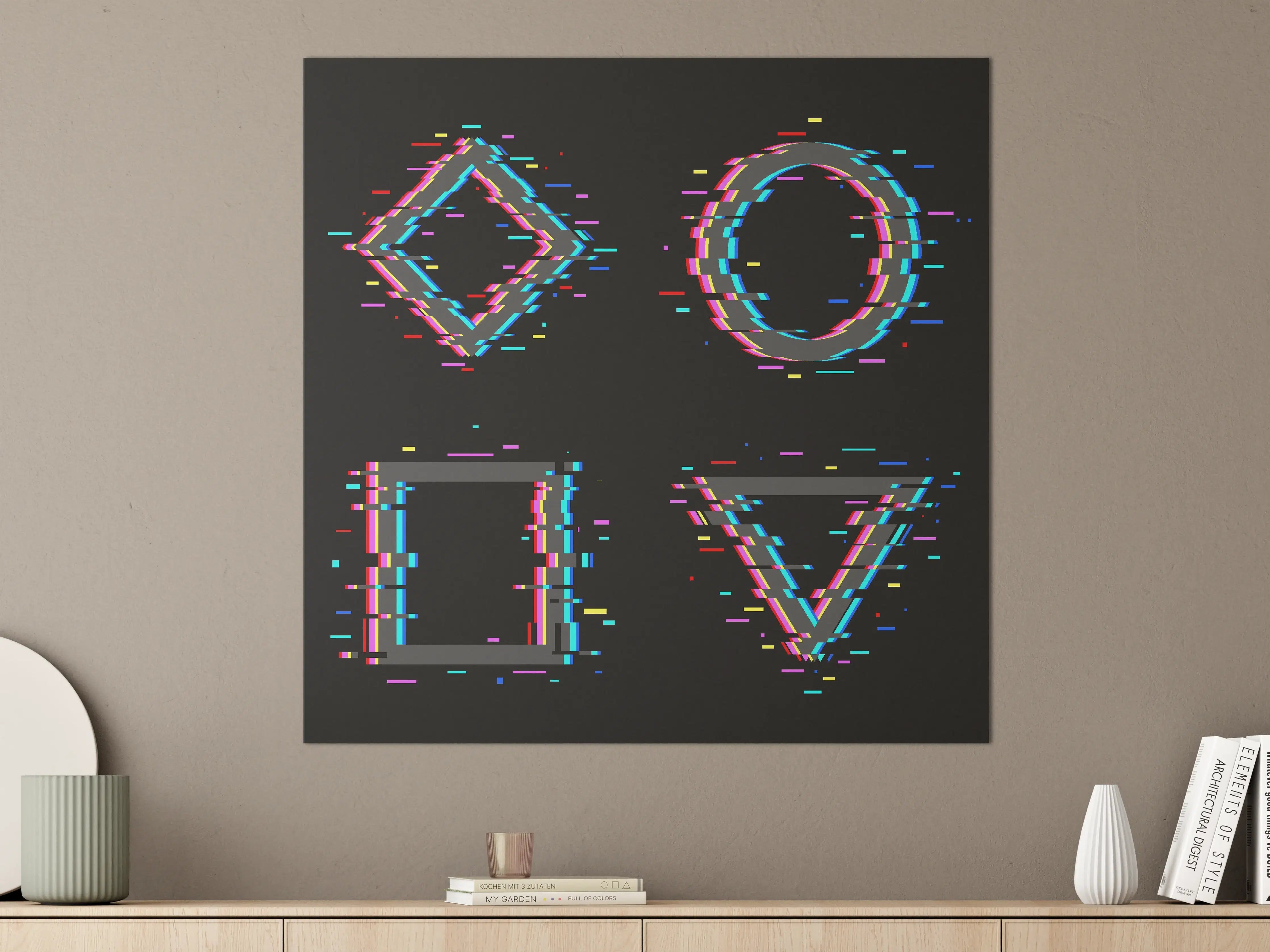 Große Wandbilder - Neon-gewaschene geometrische Symbole auf schwarzem Hintergrund