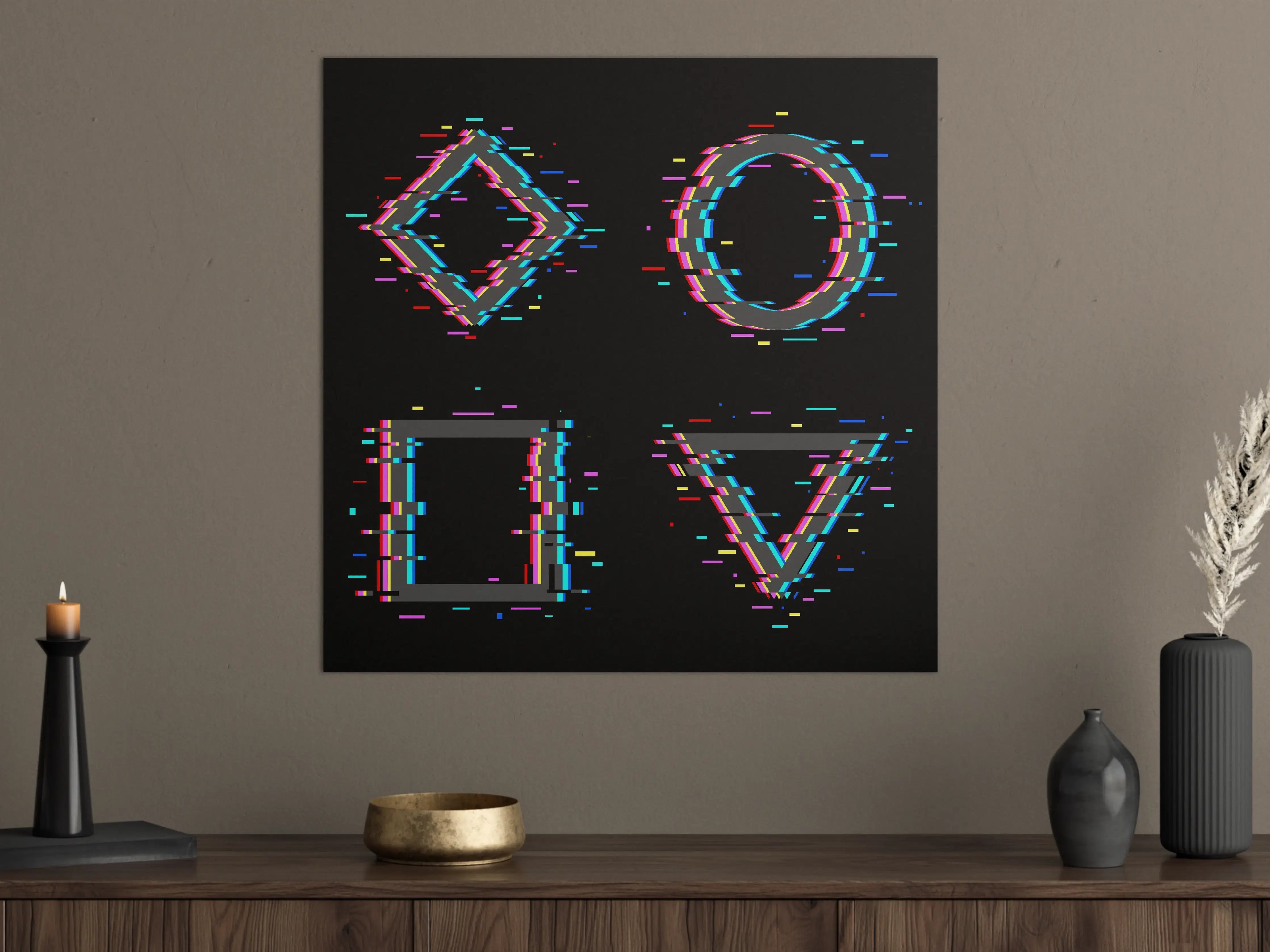 Große Wandbilder - Neon-gewaschene geometrische Symbole auf schwarzem Hintergrund