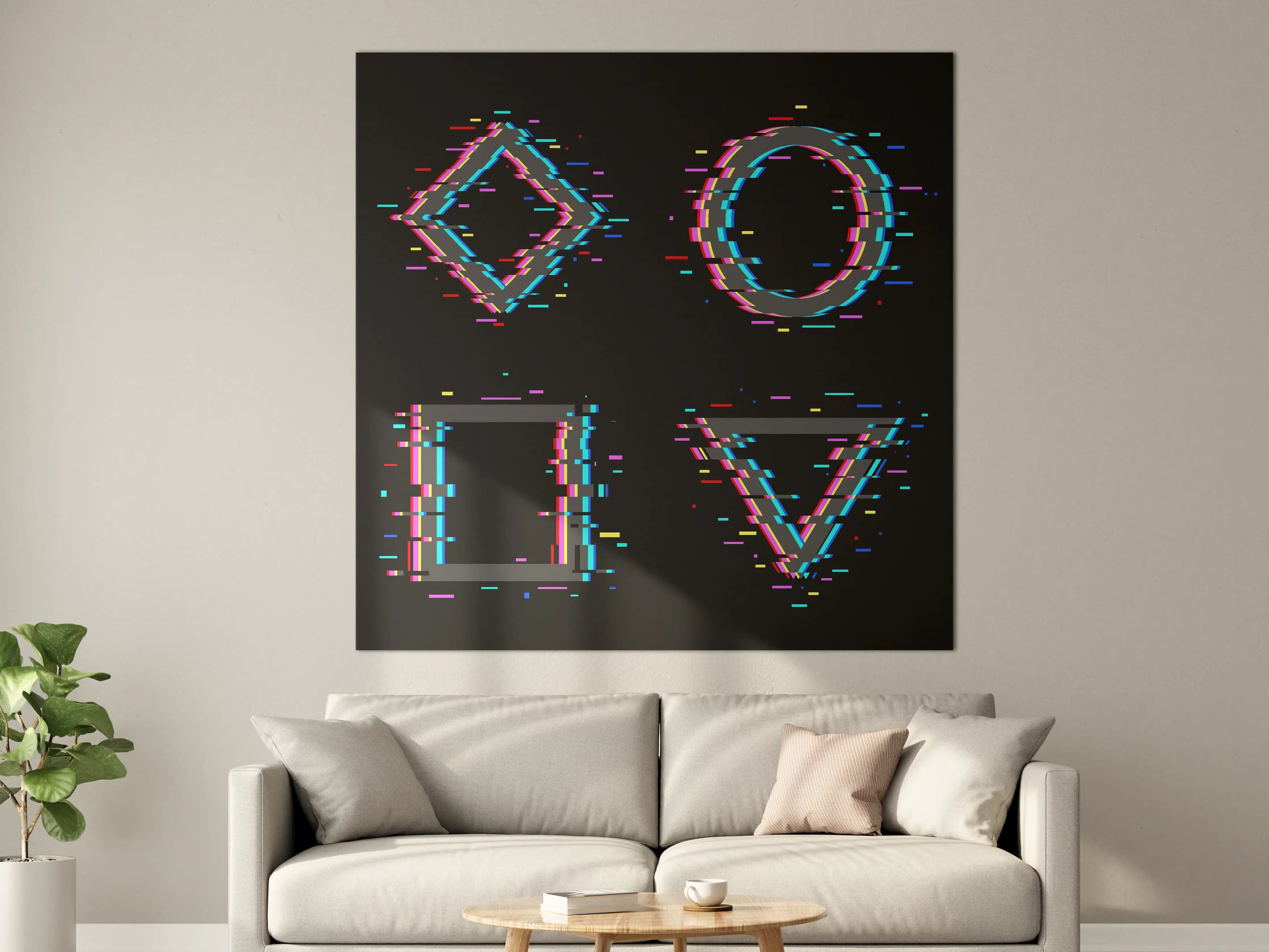 Große Wandbilder - Neon-gewaschene geometrische Symbole auf schwarzem Hintergrund