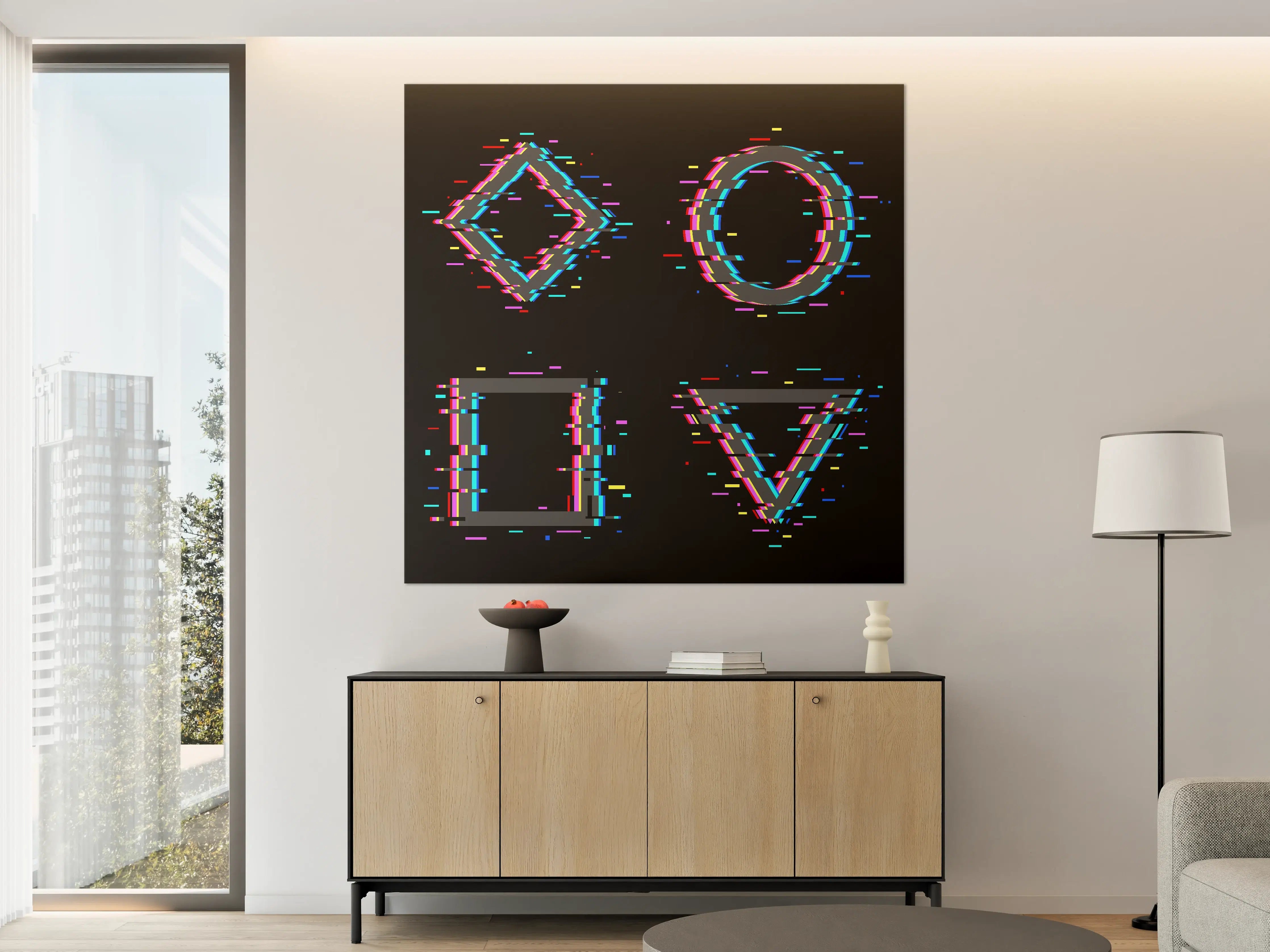 Große Wandbilder - Neon-gewaschene geometrische Symbole auf schwarzem Hintergrund