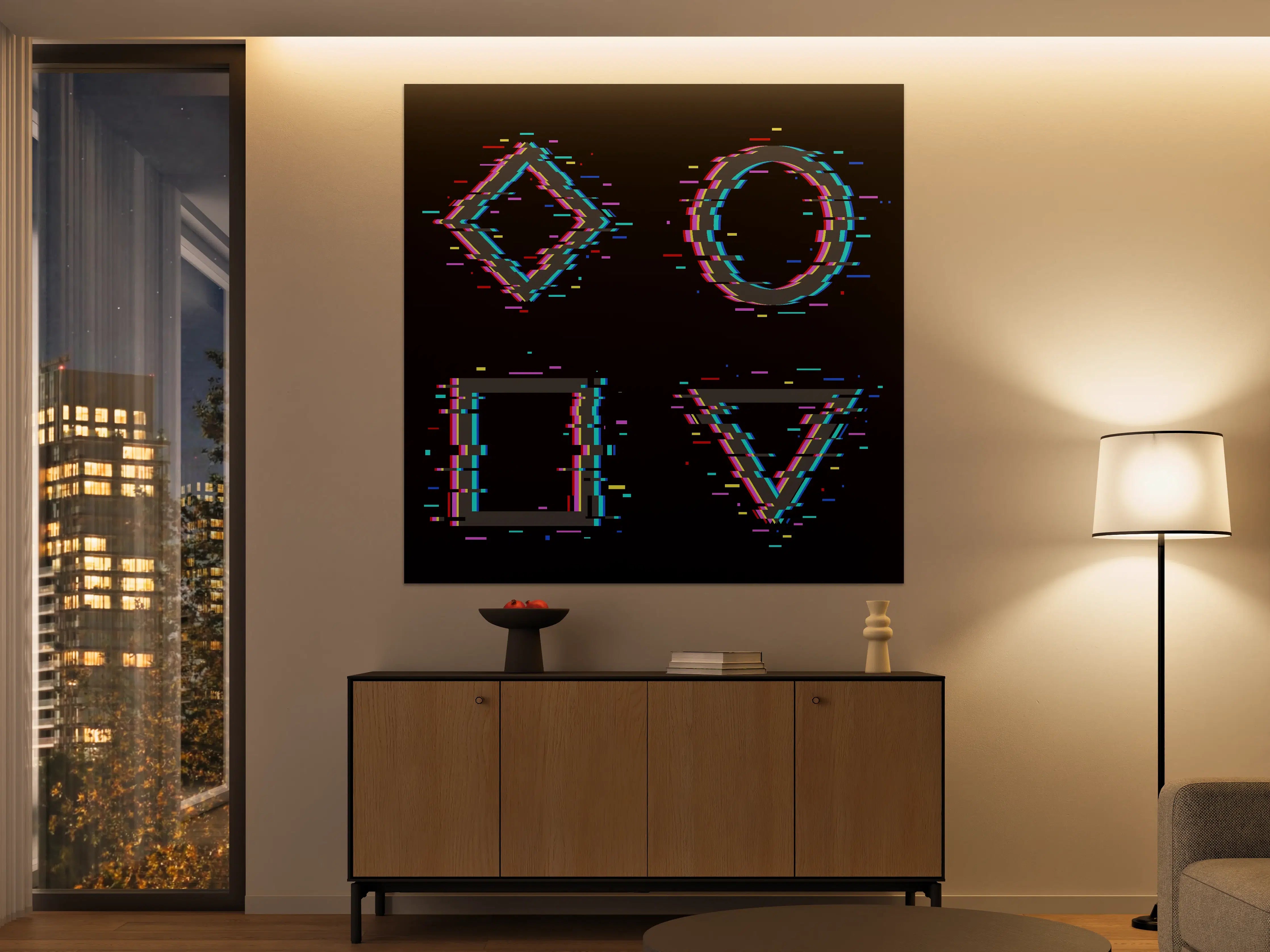 Große Wandbilder - Neon-gewaschene geometrische Symbole auf schwarzem Hintergrund