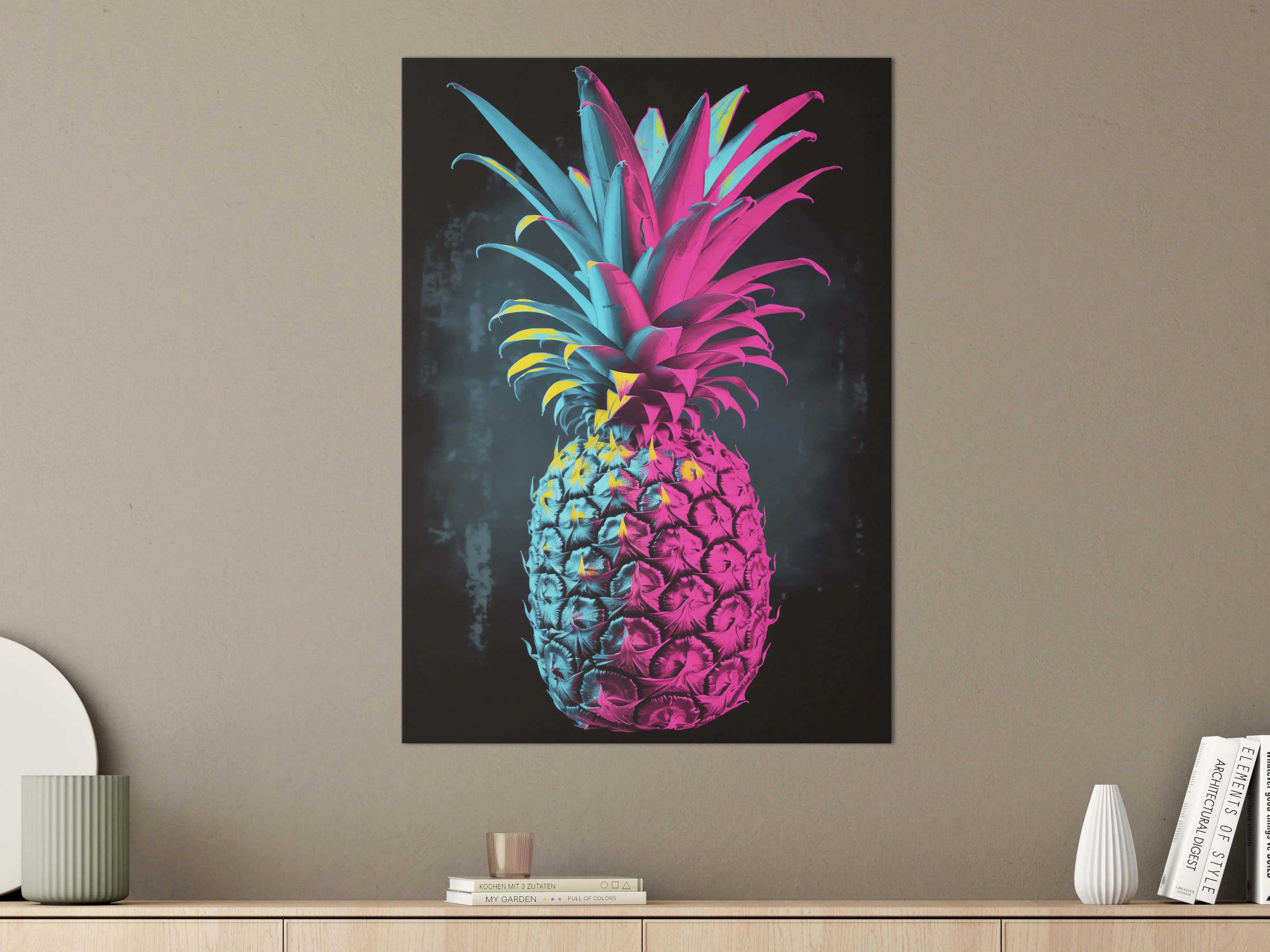 Große Wandbilder - Neonfarbige Ananas auf dunklem Hintergrund