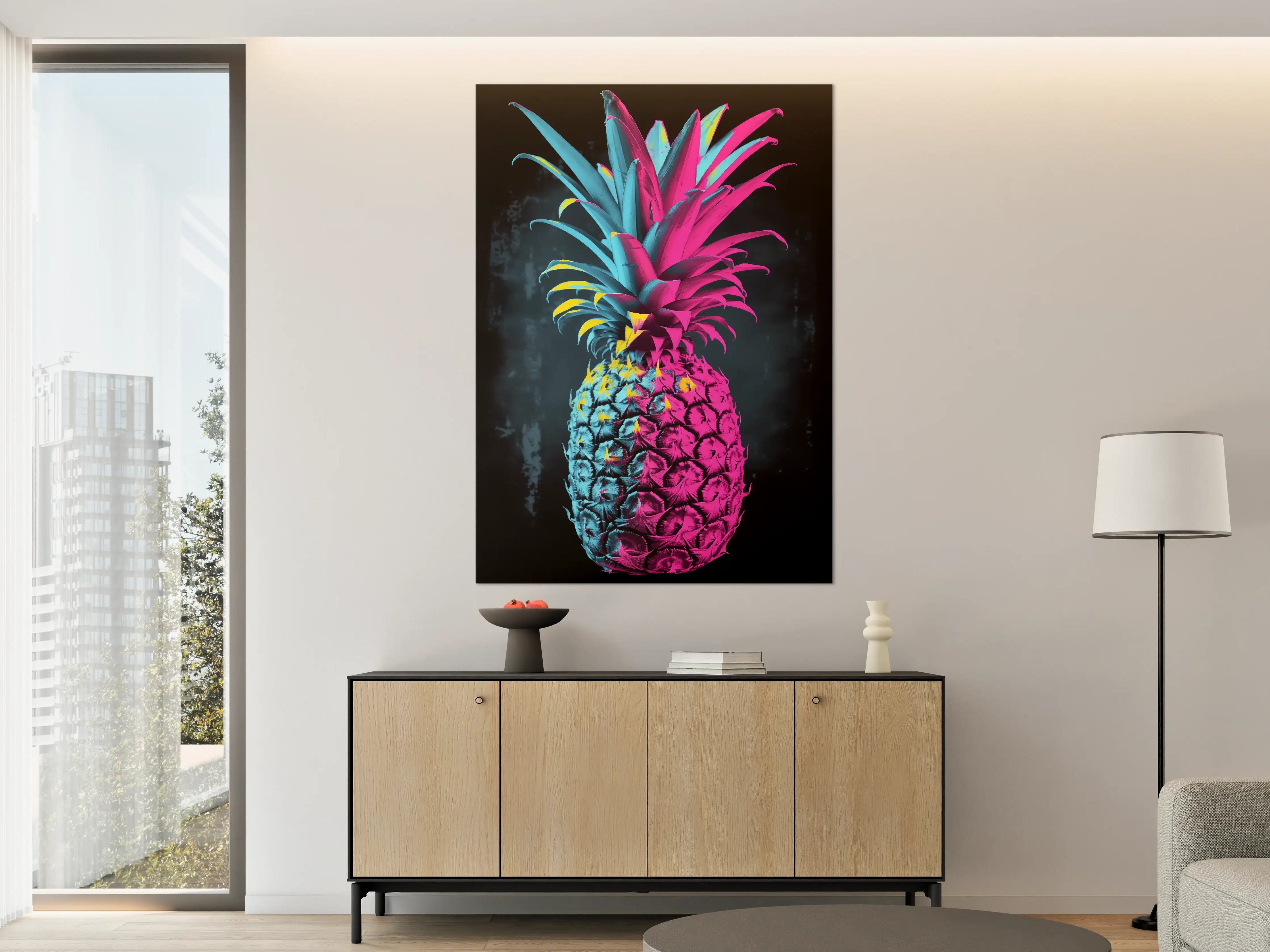 Große Wandbilder - Neonfarbige Ananas auf dunklem Hintergrund
