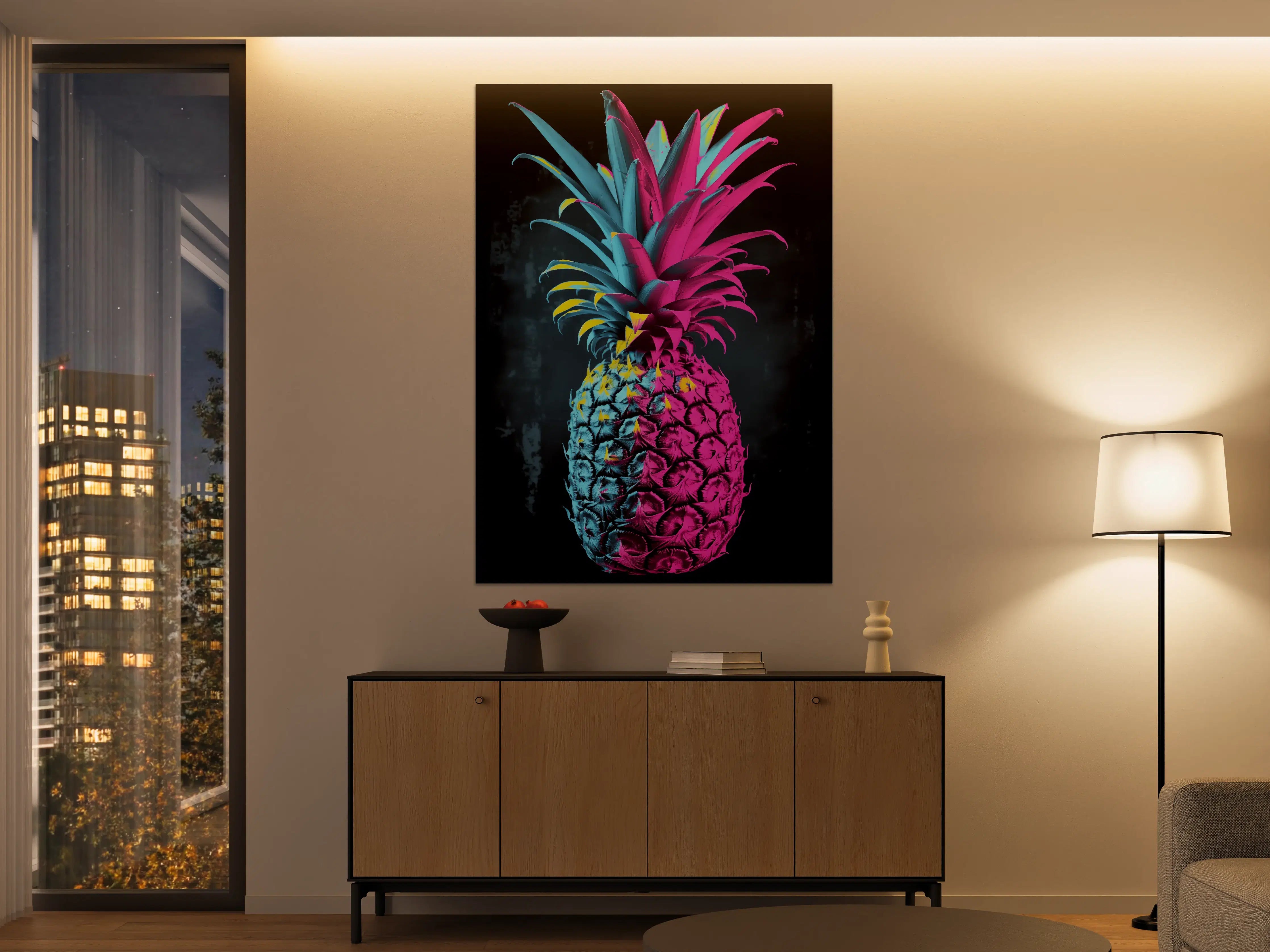 Große Wandbilder - Neonfarbige Ananas auf dunklem Hintergrund