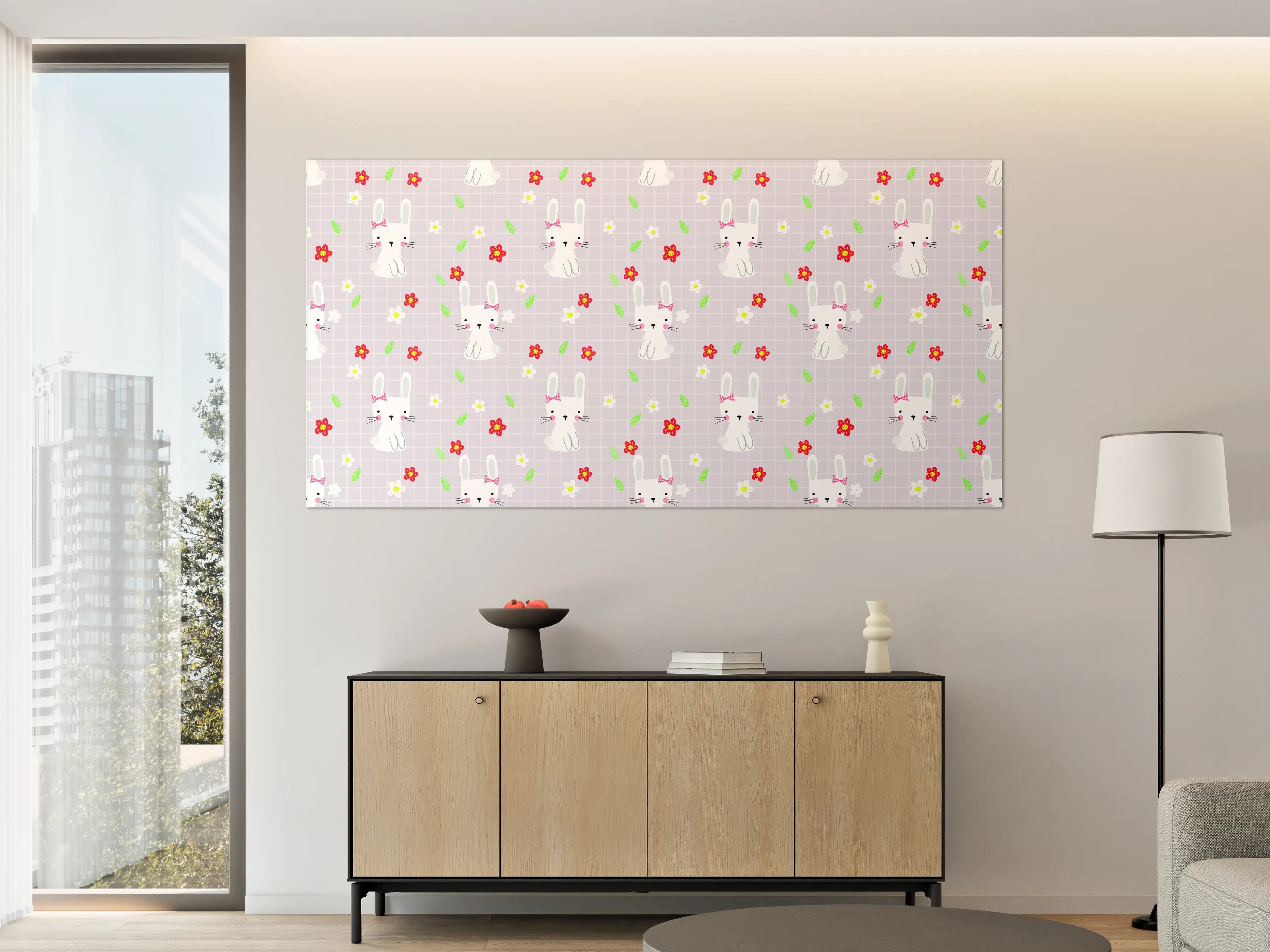 Große Wandbilder - Niedliche Hasen mit Blumen und Gräsern
