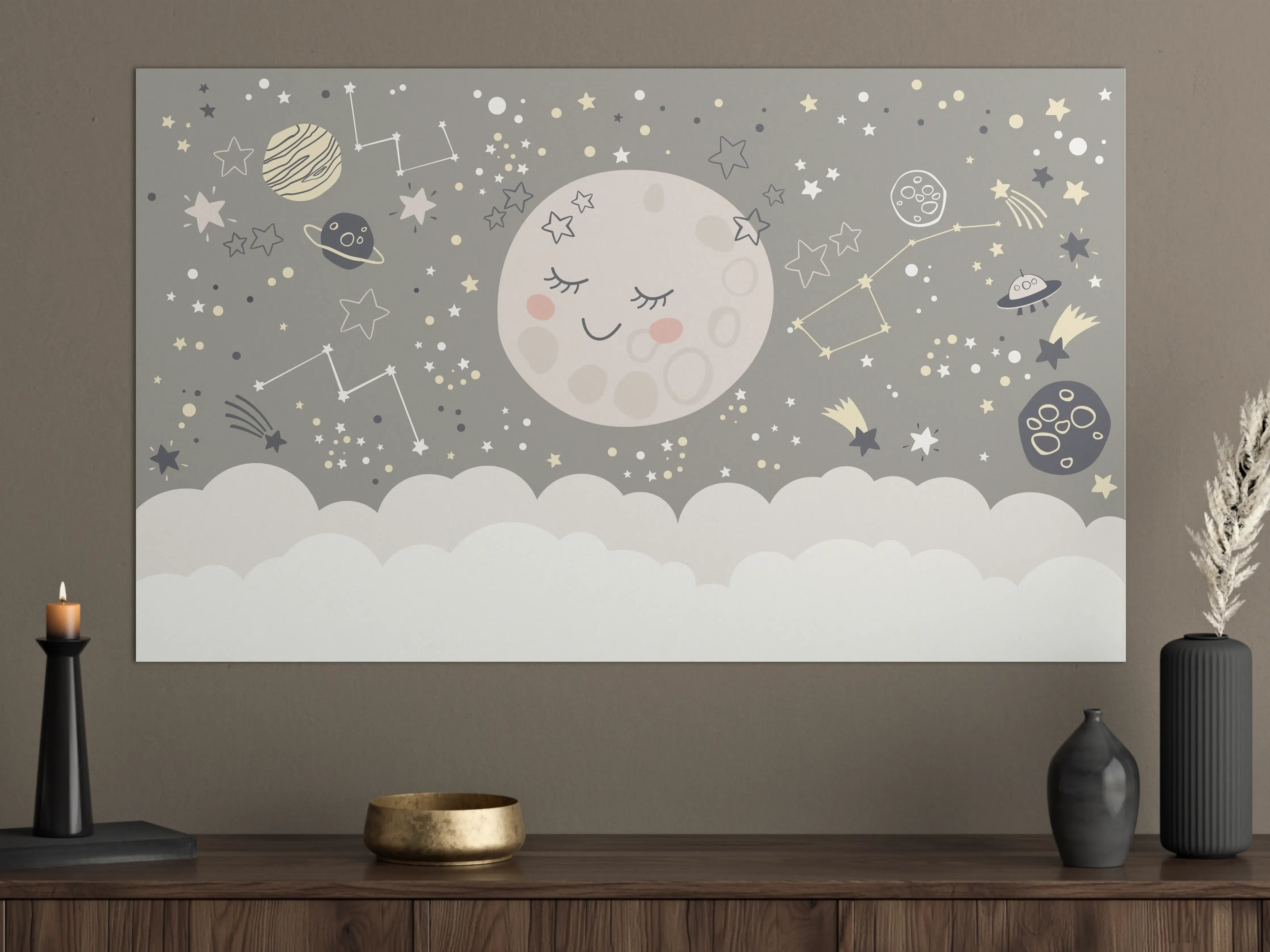 Große Wandbilder - Niedliche Mond- und Sternenillustration in Grau und Weiß