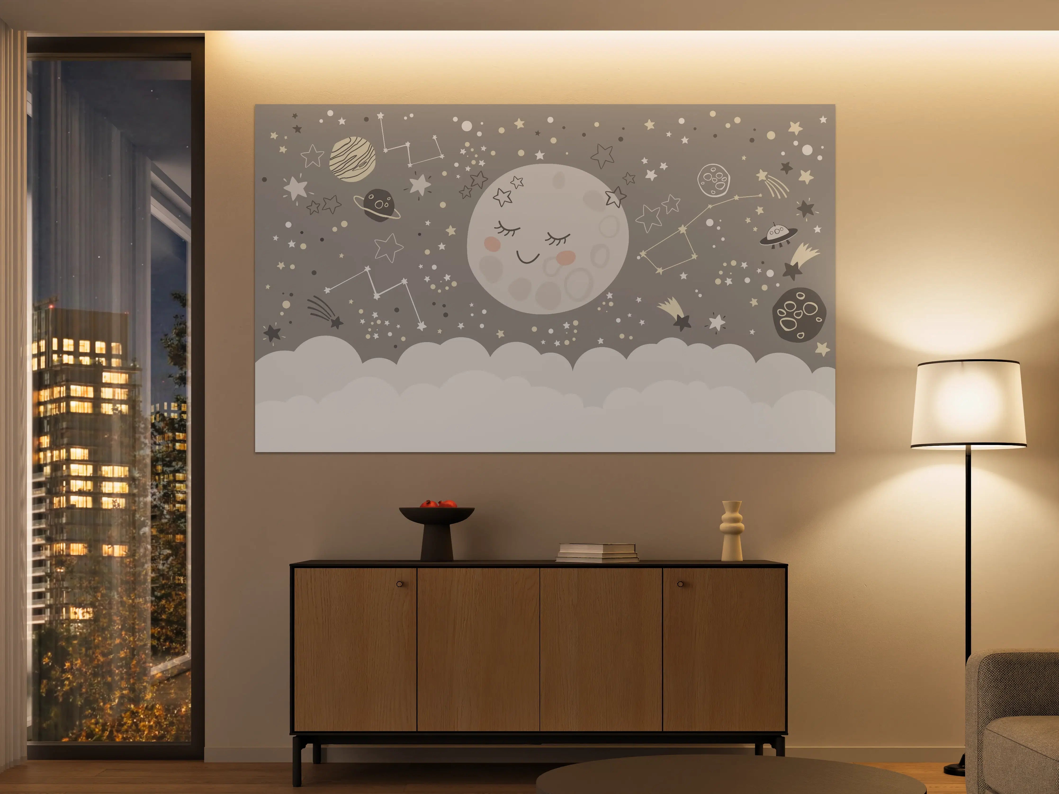 Große Wandbilder - Niedliche Mond- und Sternenillustration in Grau und Weiß