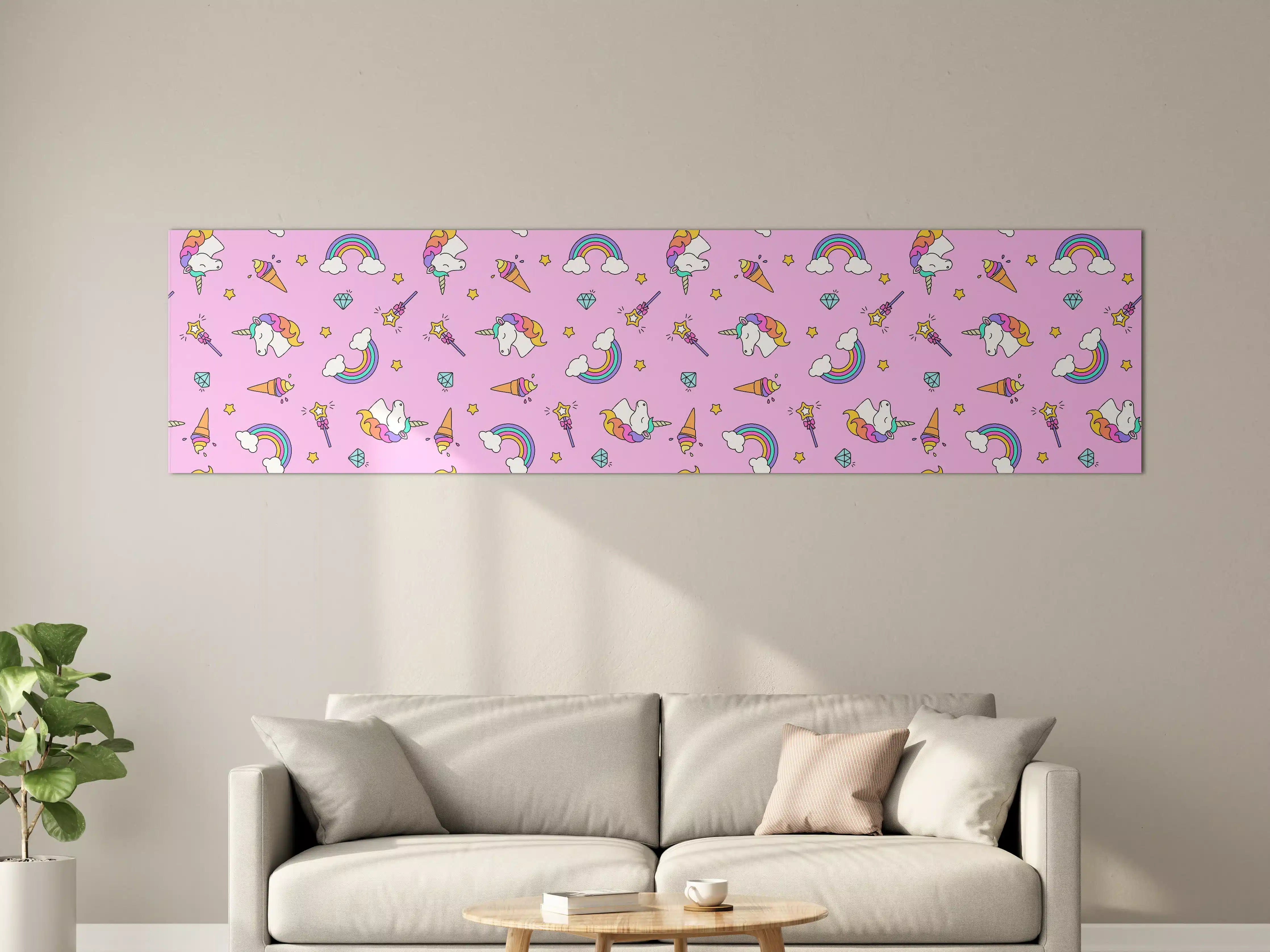 Große Wandbilder - Niedliche Regenbogen- und Einhornmotive auf rosa Hintergrund