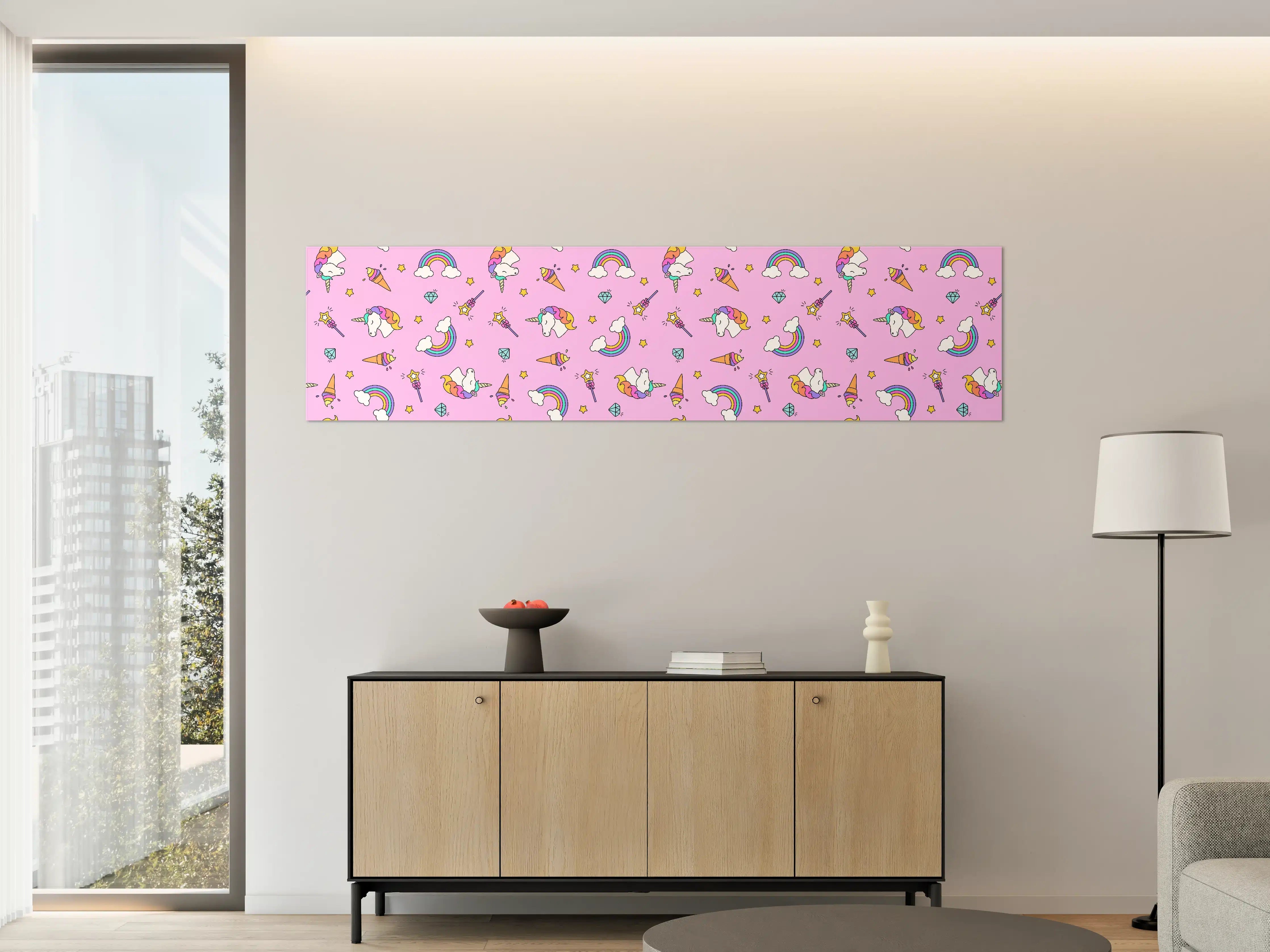 Große Wandbilder - Niedliche Regenbogen- und Einhornmotive auf rosa Hintergrund