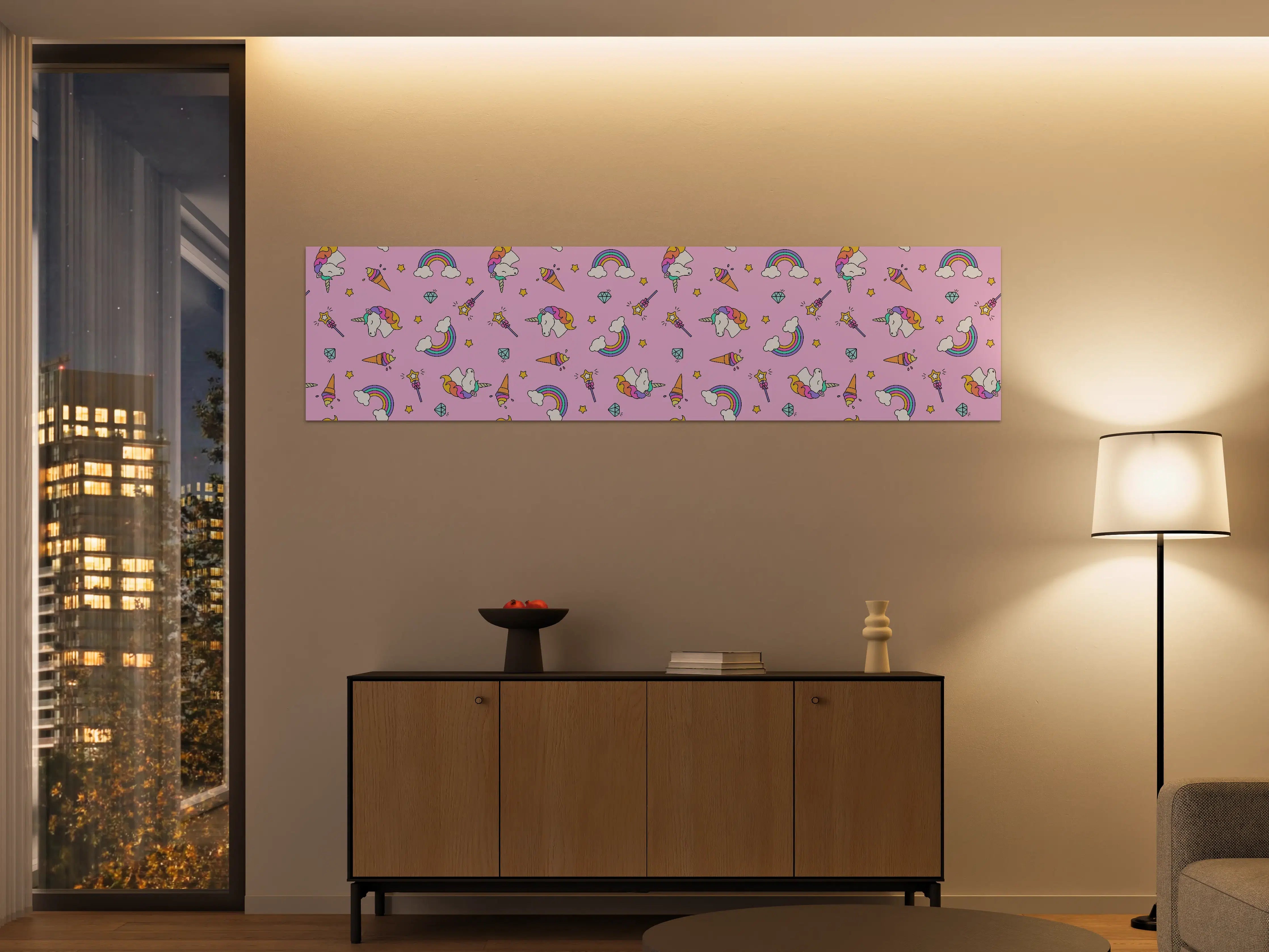 Große Wandbilder - Niedliche Regenbogen- und Einhornmotive auf rosa Hintergrund