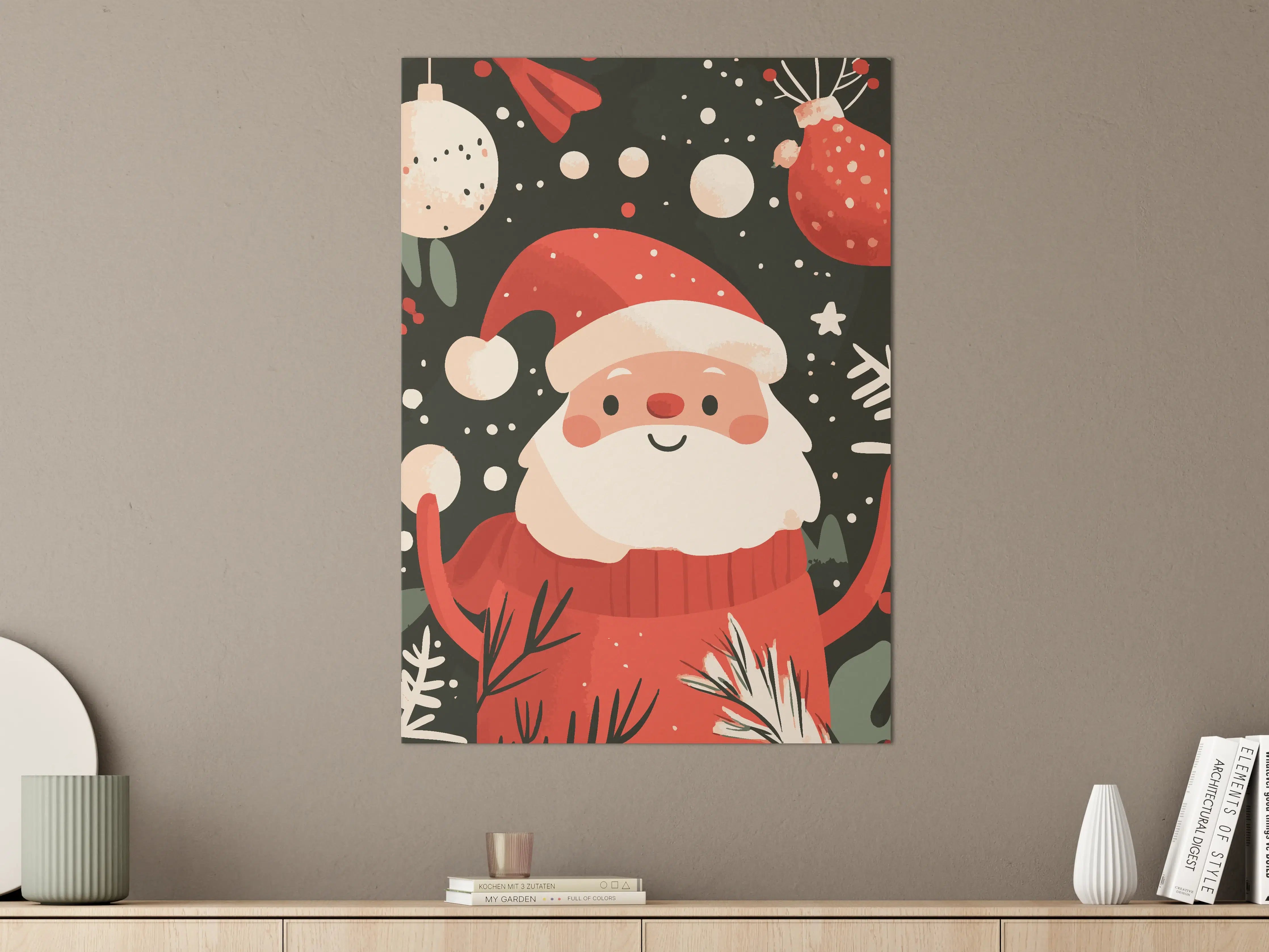 Große Wandbilder - Niedliche Weihnachtsfigur mit Schneeflocken auf dunklem Hintergrund