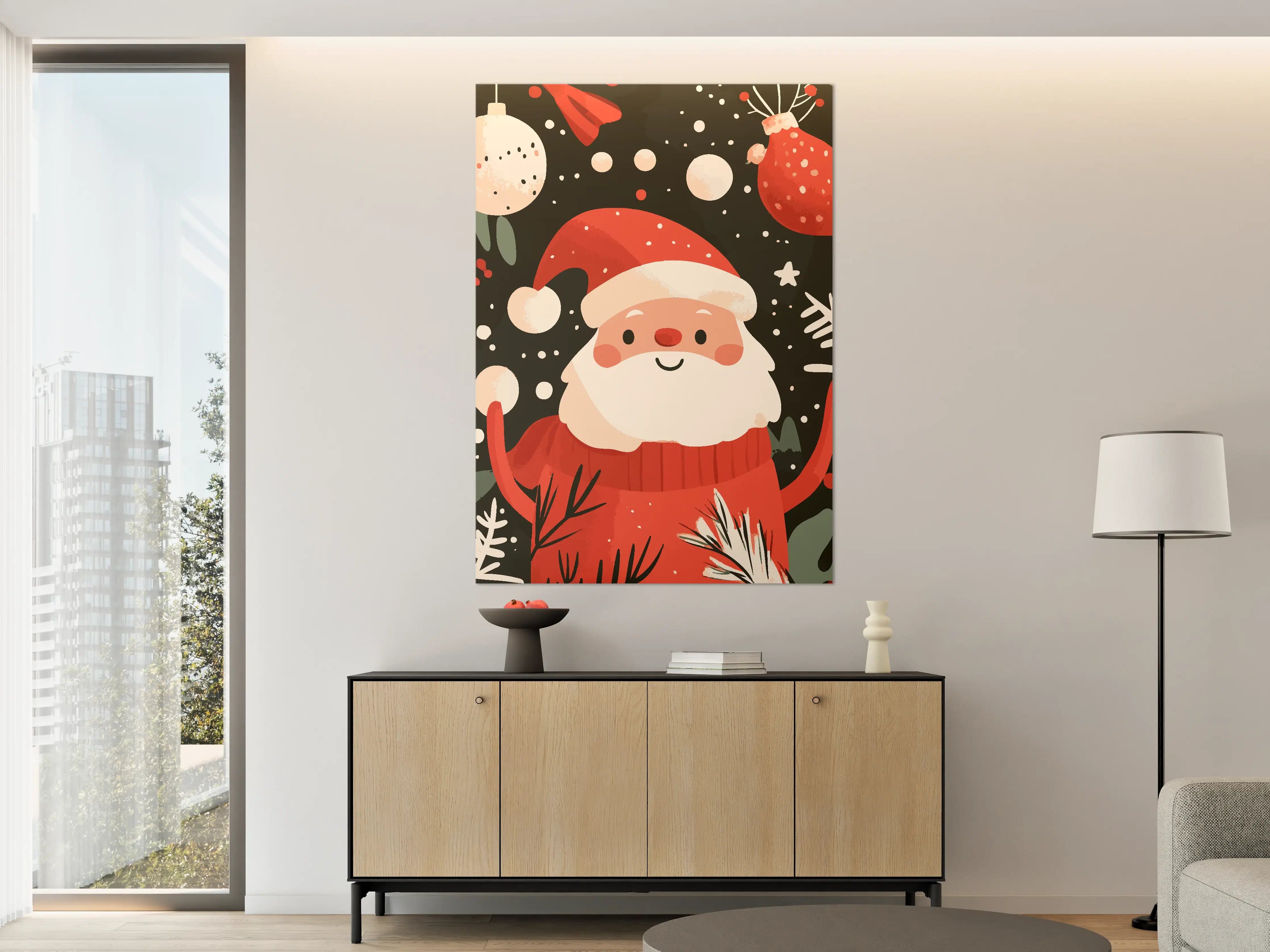 Große Wandbilder - Niedliche Weihnachtsfigur mit Schneeflocken auf dunklem Hintergrund