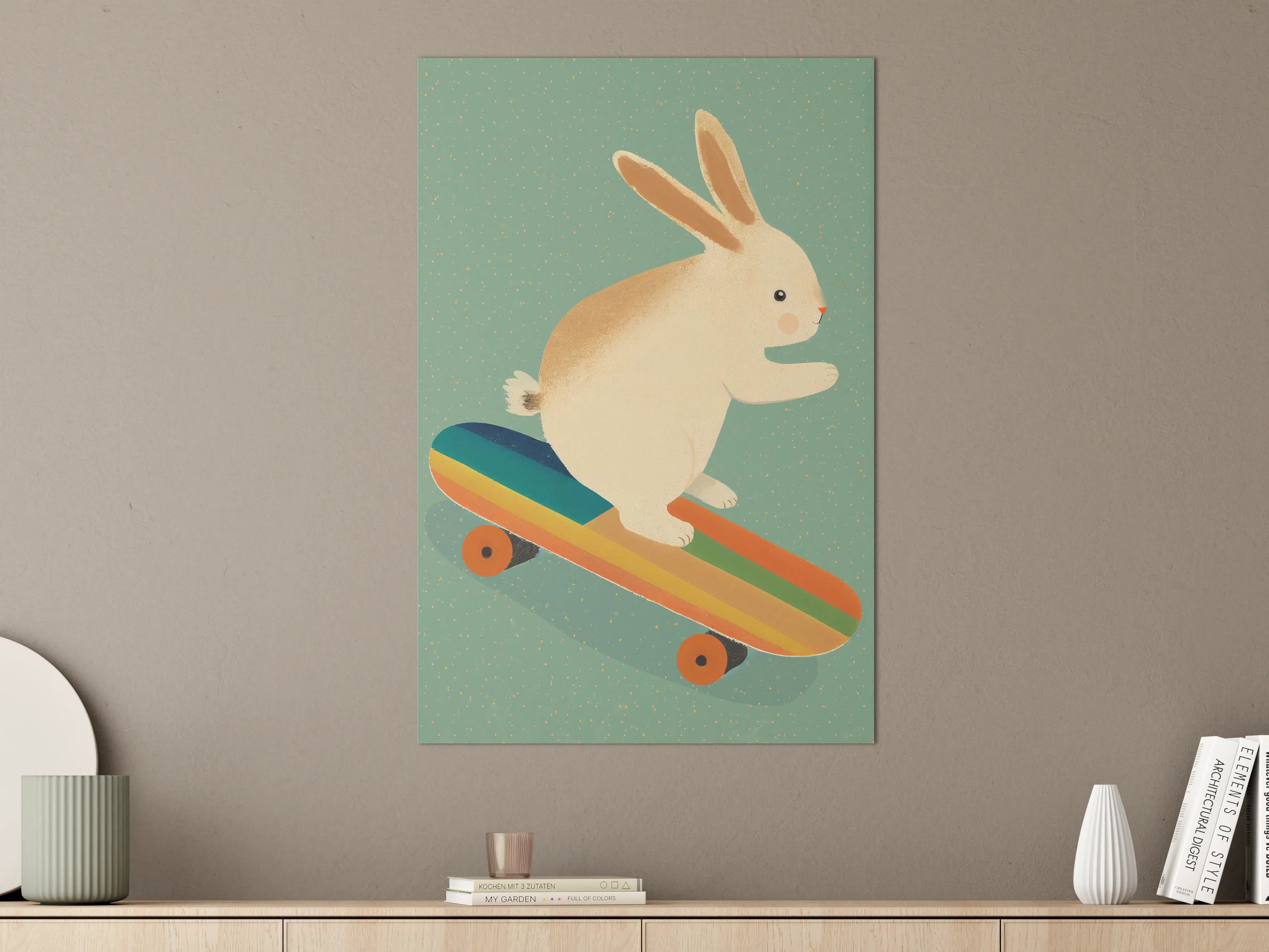 Große Wandbilder - Niedlicher Hase auf Skateboard mit Regenbogenfarben
