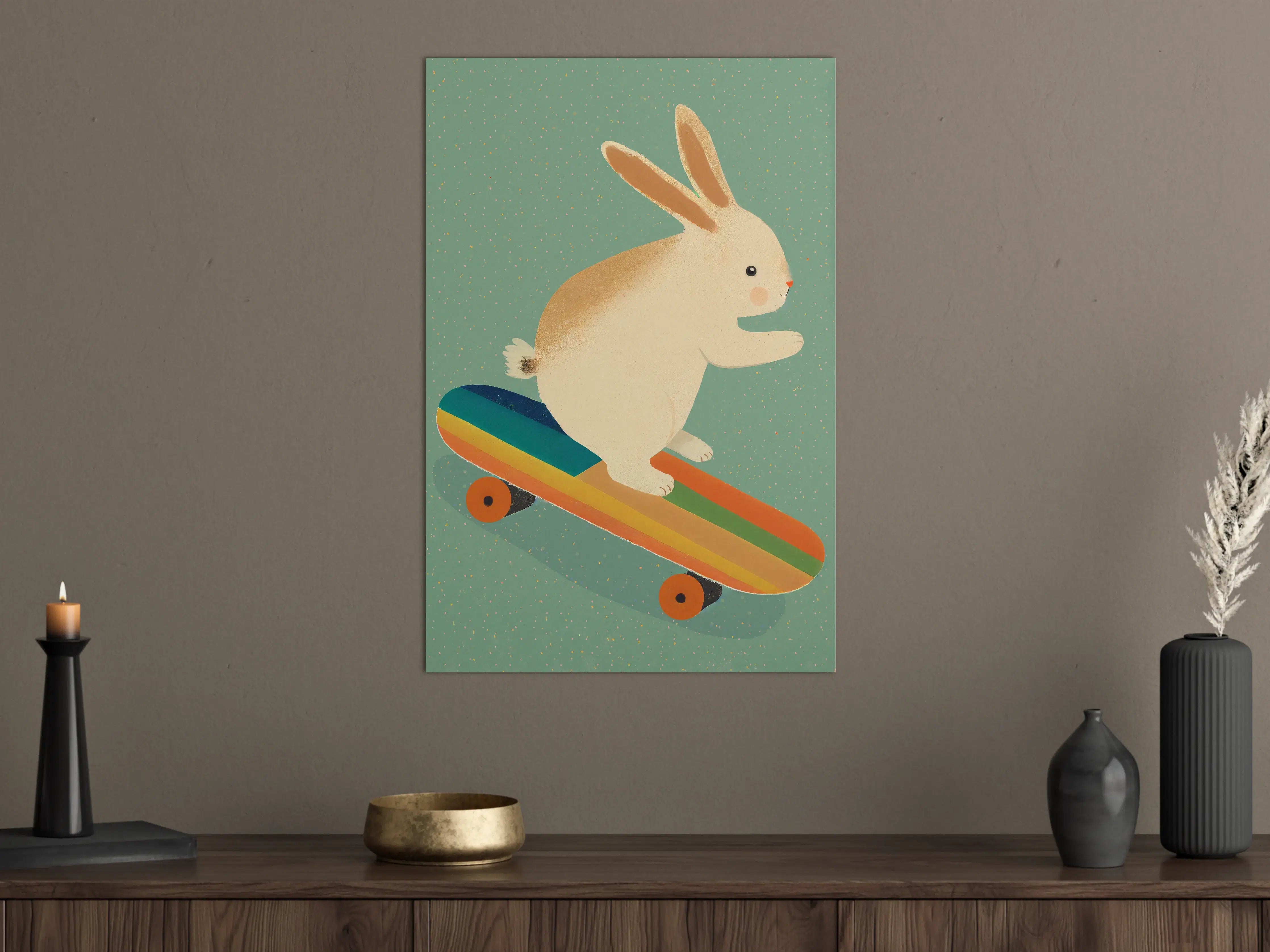 Große Wandbilder - Niedlicher Hase auf Skateboard mit Regenbogenfarben