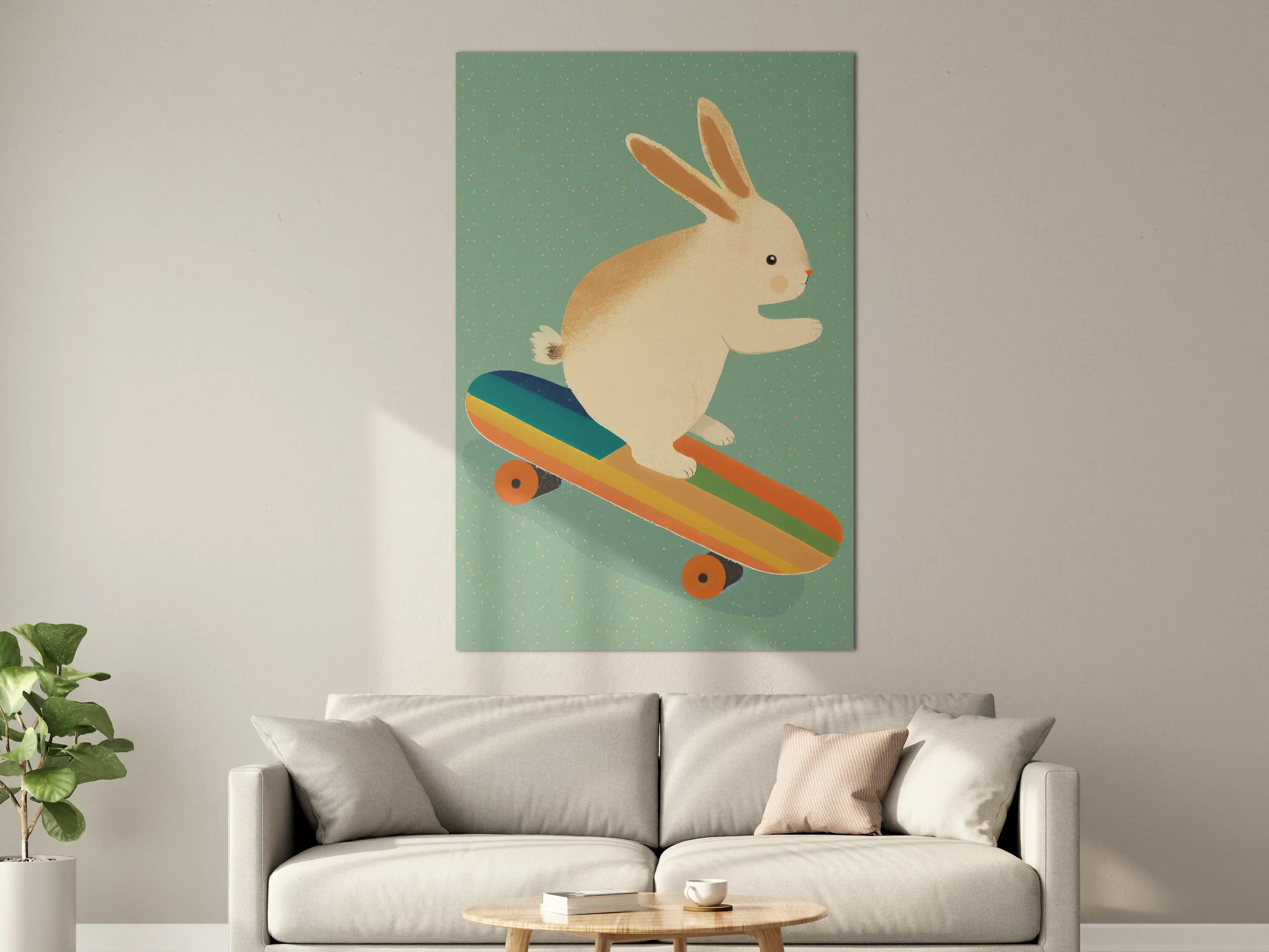 Große Wandbilder - Niedlicher Hase auf Skateboard mit Regenbogenfarben