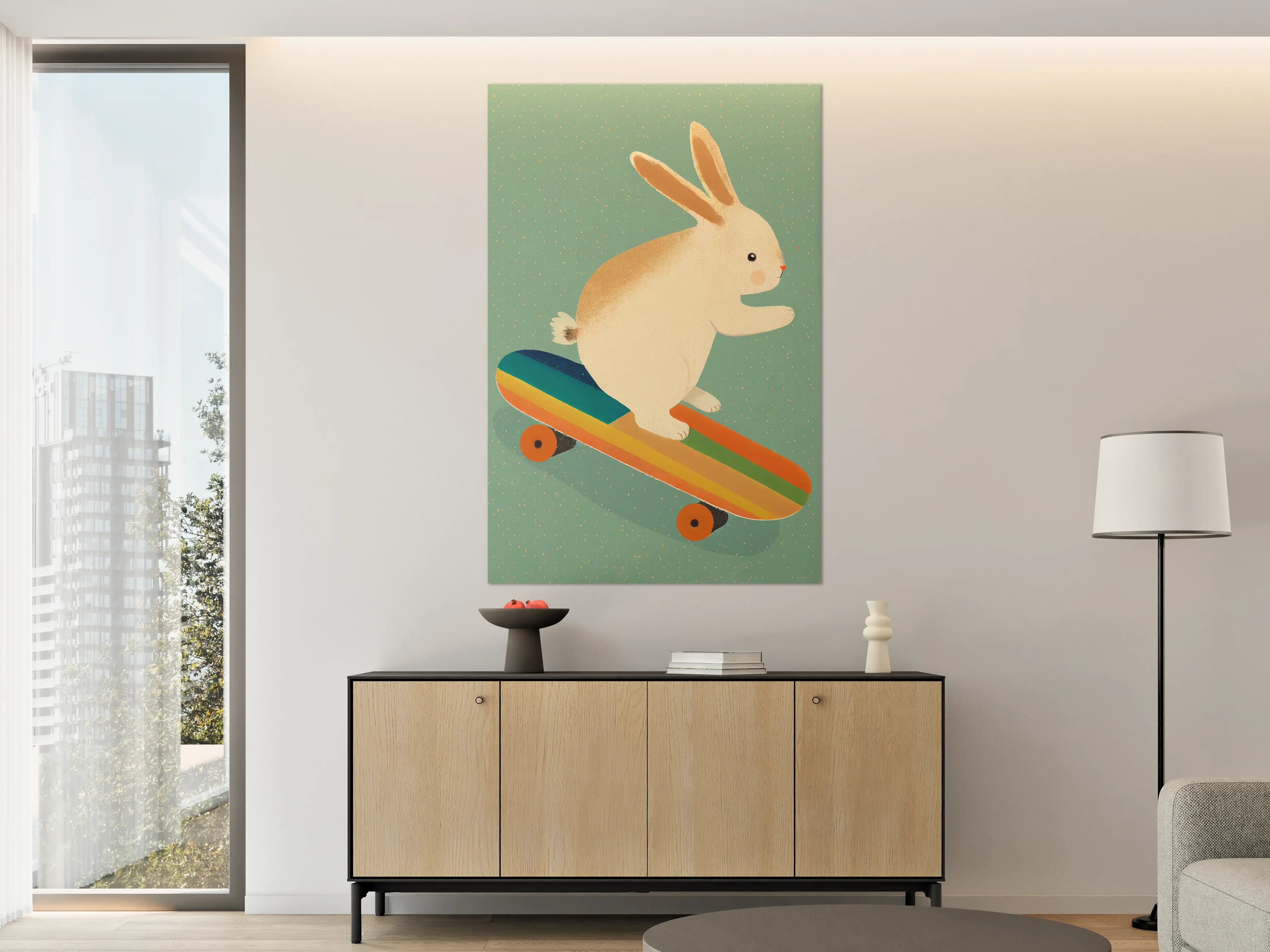 Große Wandbilder - Niedlicher Hase auf Skateboard mit Regenbogenfarben