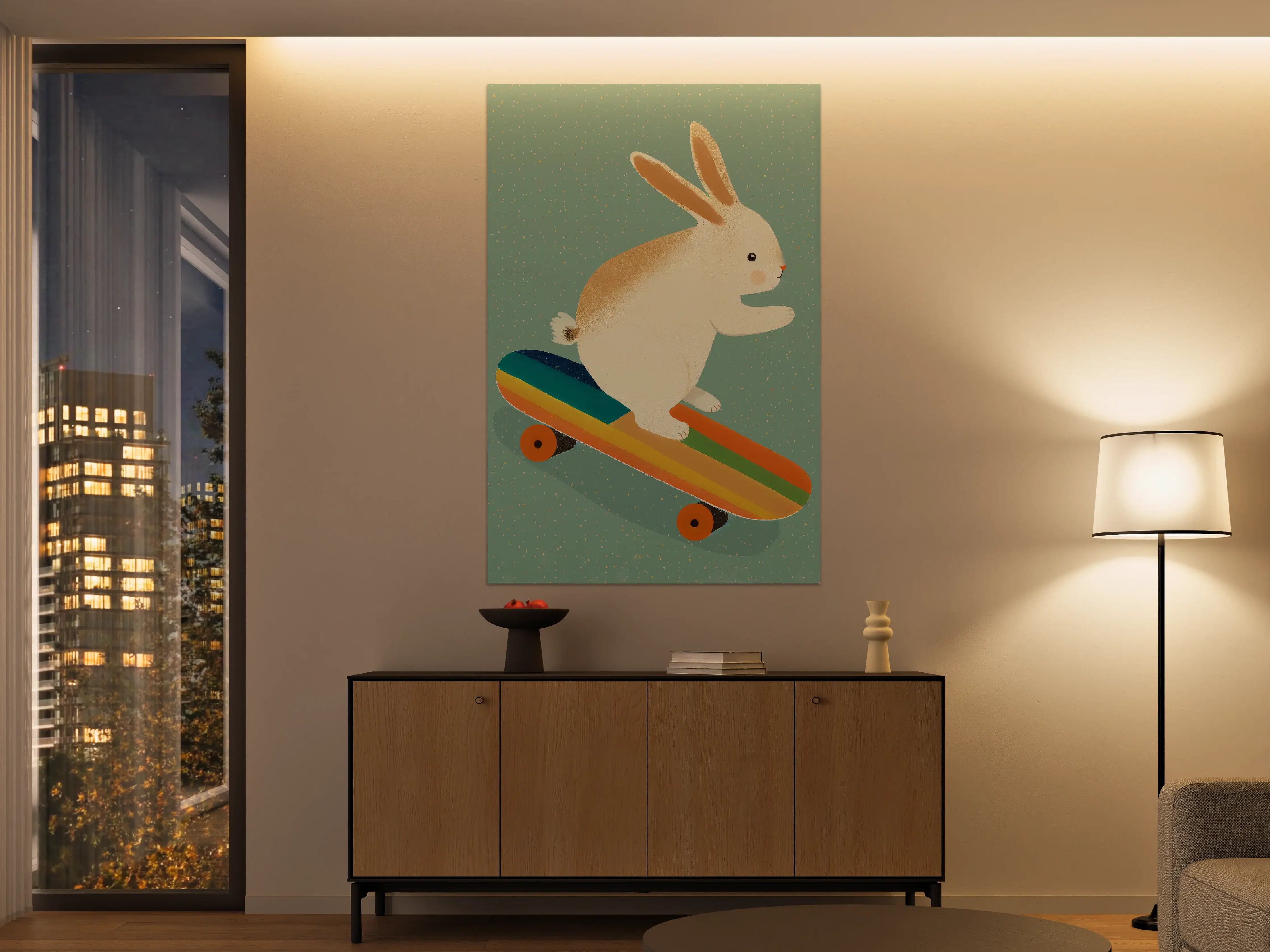Große Wandbilder - Niedlicher Hase auf Skateboard mit Regenbogenfarben