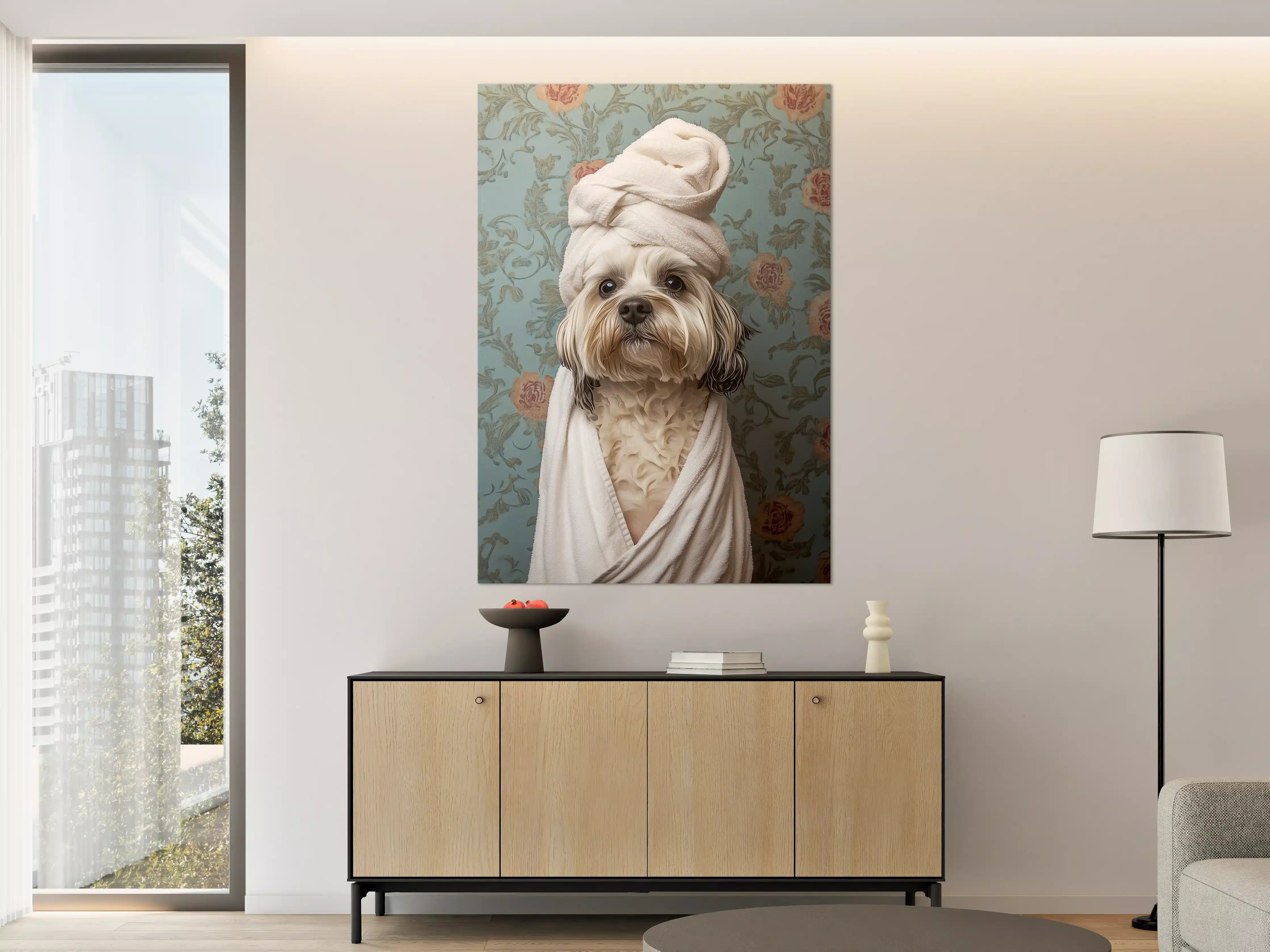 Große Wandbilder - Niedlicher Hund im Handtuch-Kleid