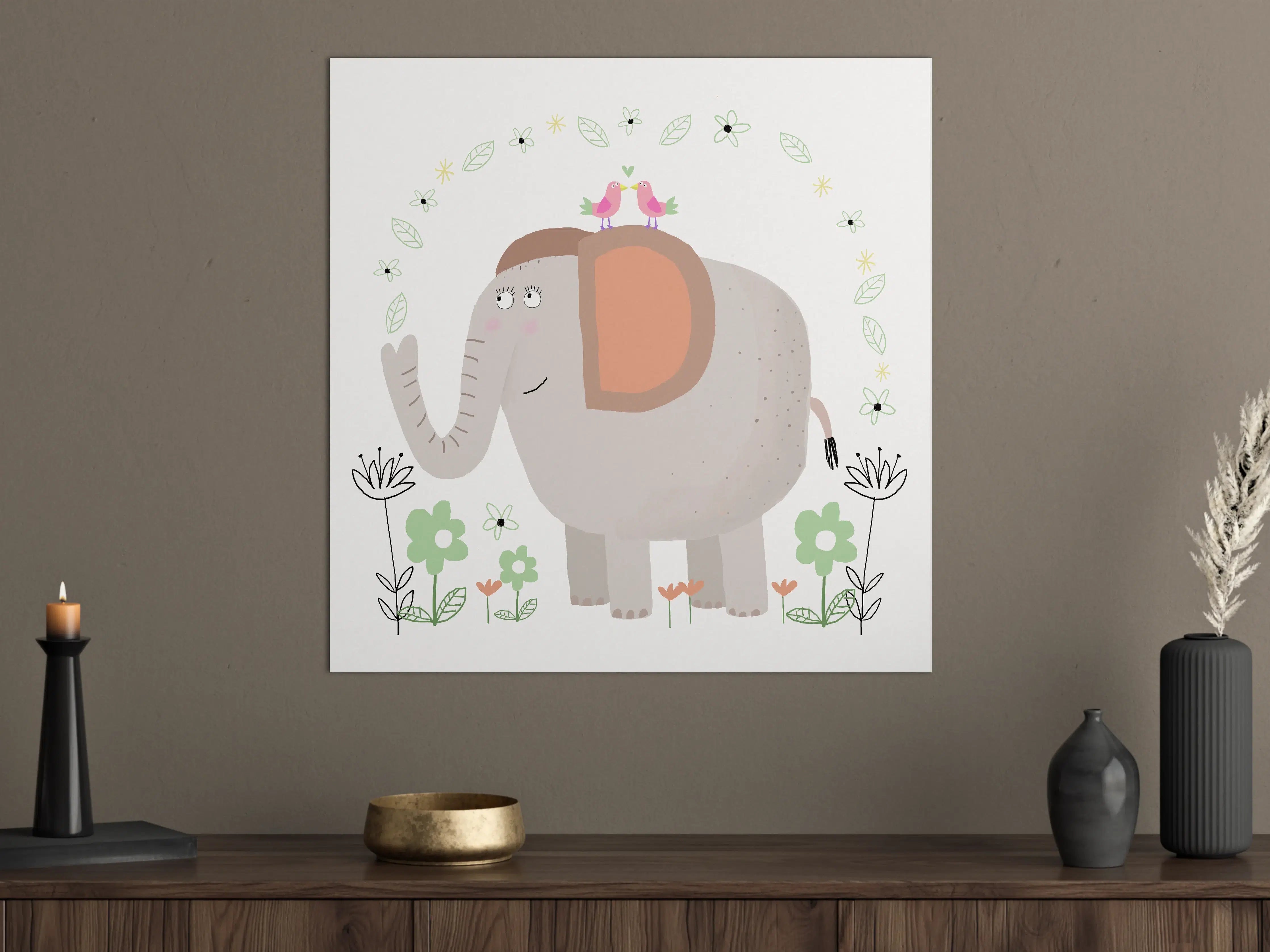 Große Wandbilder - Niedliches Elefantenmuster mit Blumen und Vögeln
