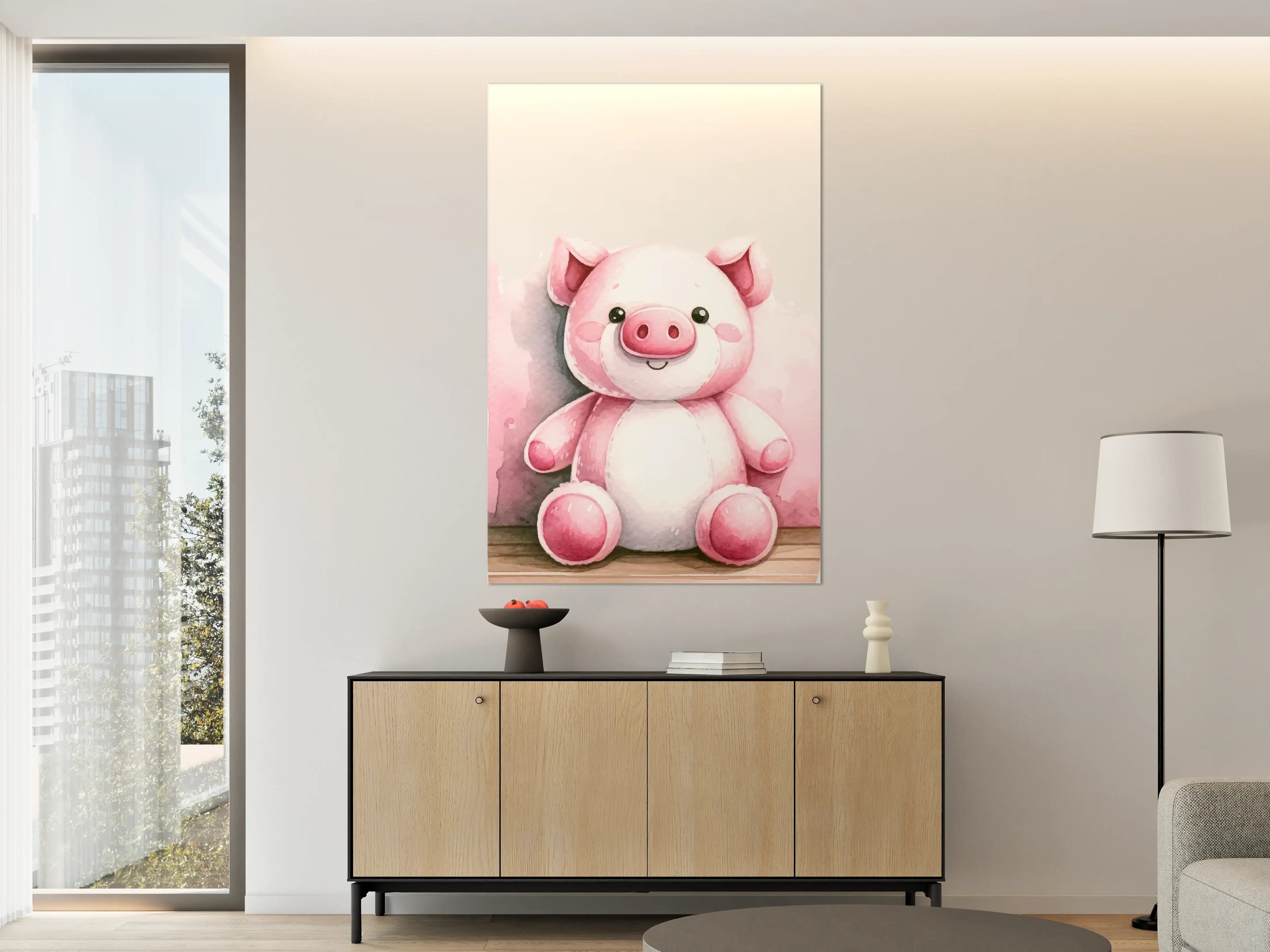 Große Wandbilder - Niedliches Schweine-Kuscheltier in Pastellrosa