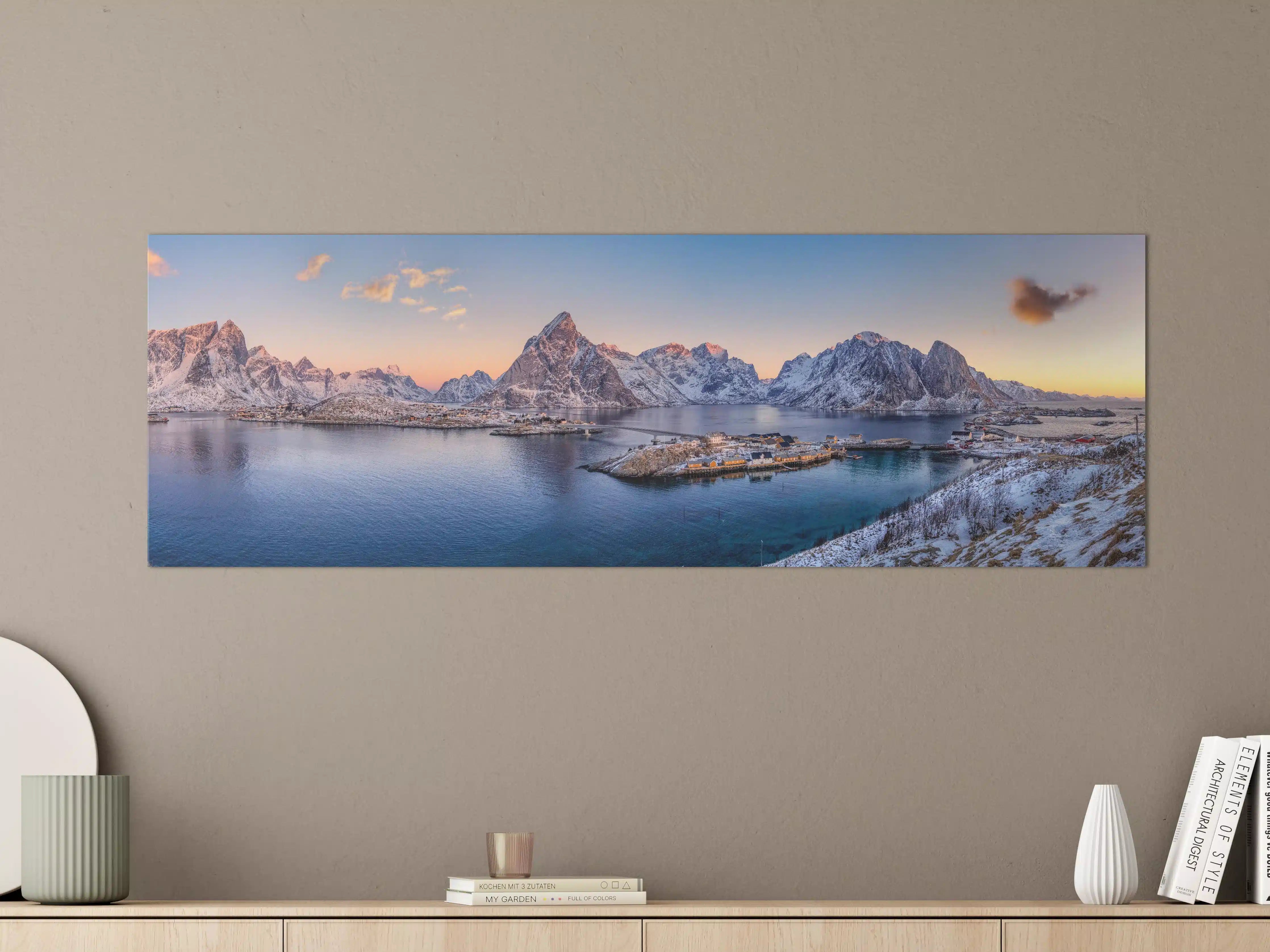 Große Wandbilder - Norwegen Fjord Panorama Blau-Weiß