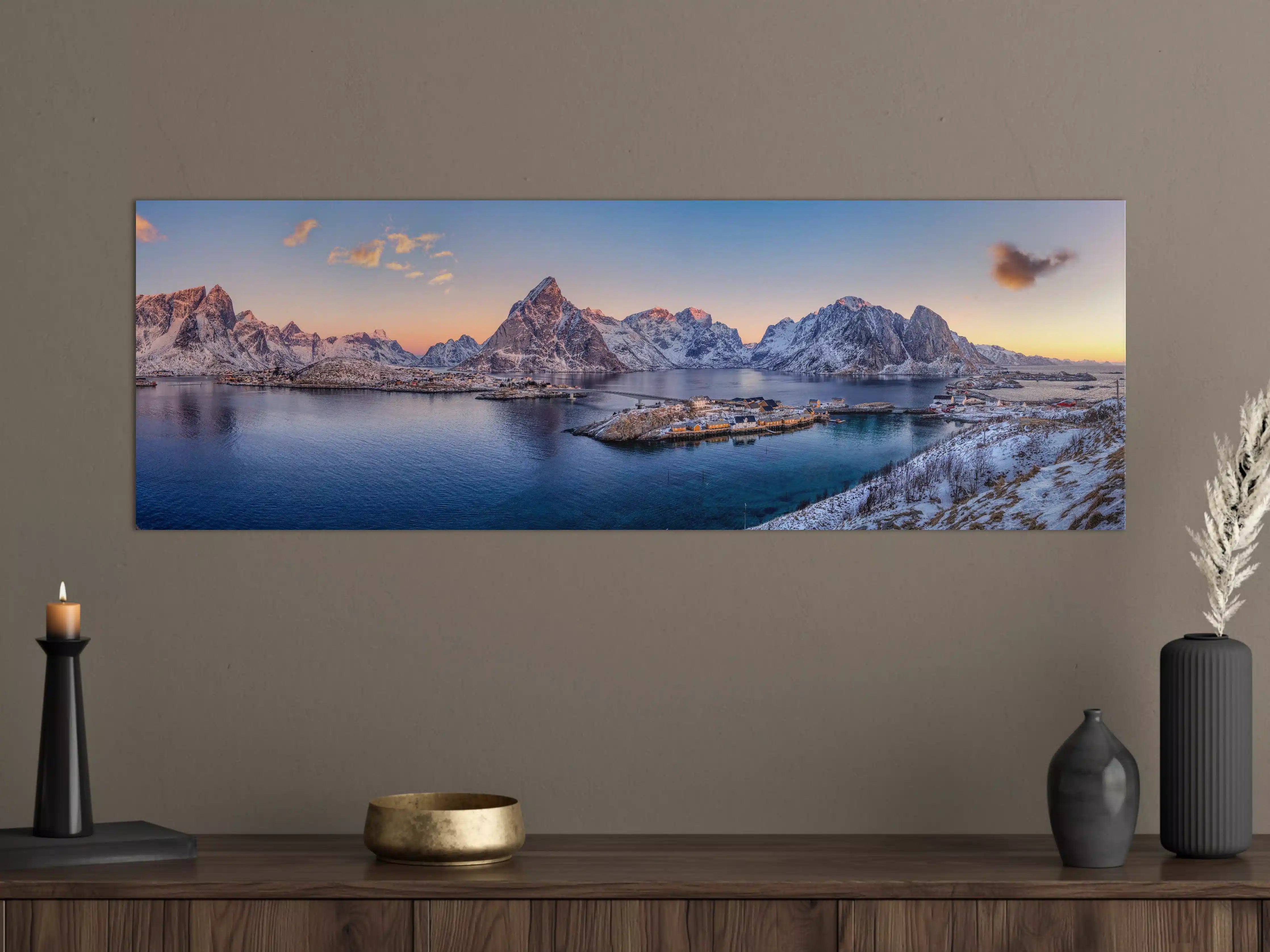 Große Wandbilder - Norwegen Fjord Panorama Blau-Weiß