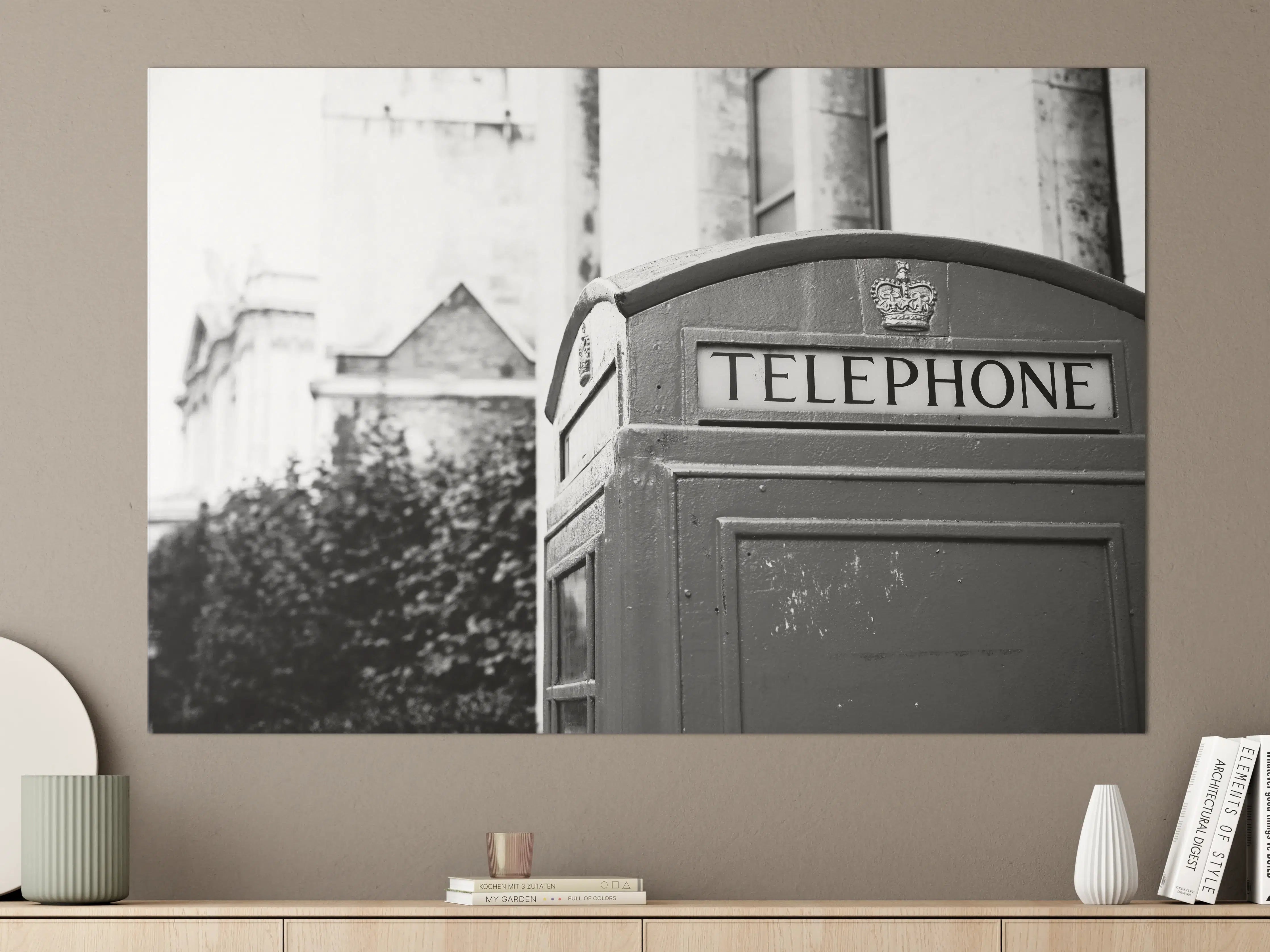 Große Wandbilder - Nostalgische Telefonzelle in Schwarz-Weiß