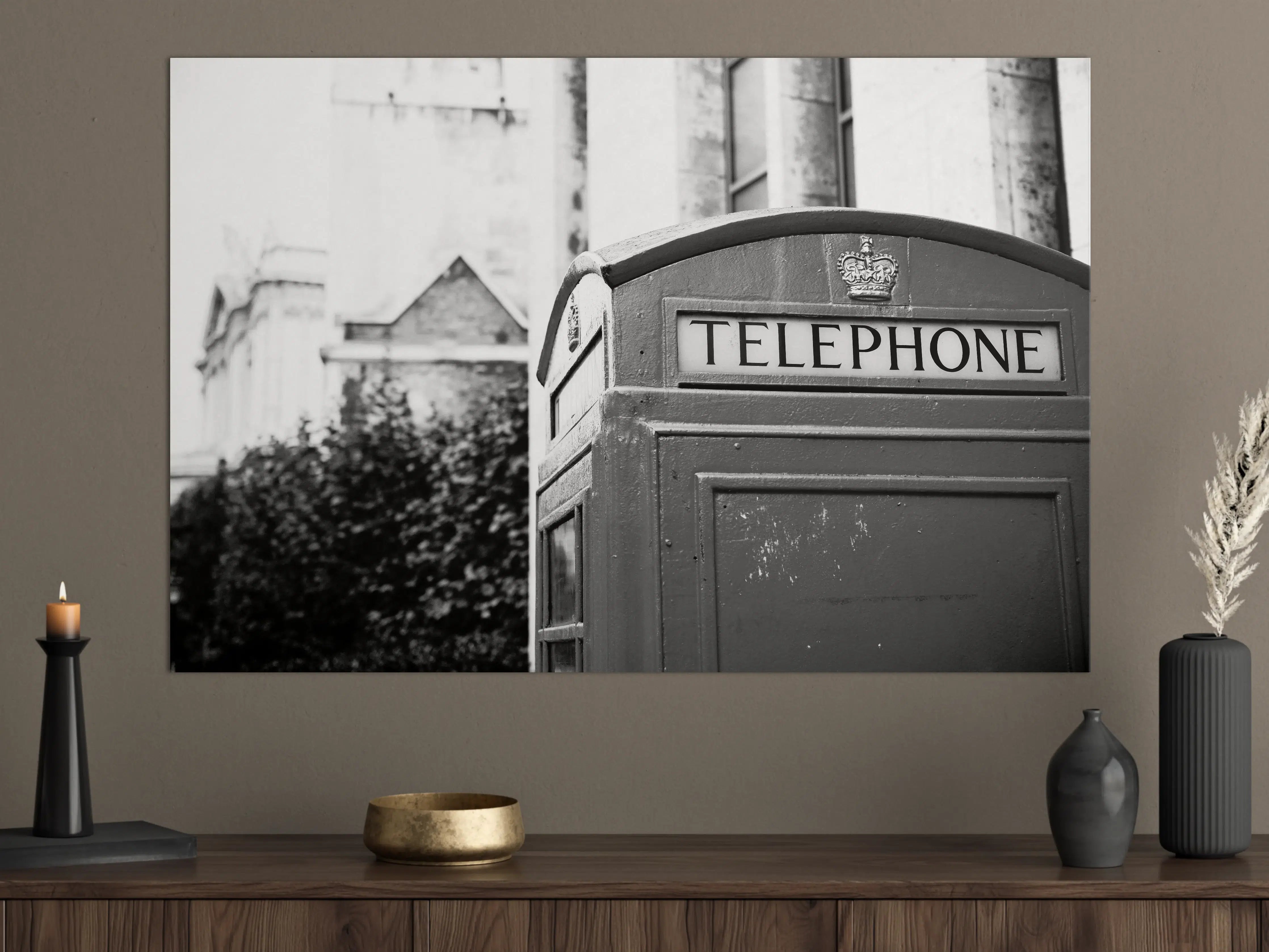 Große Wandbilder - Nostalgische Telefonzelle in Schwarz-Weiß