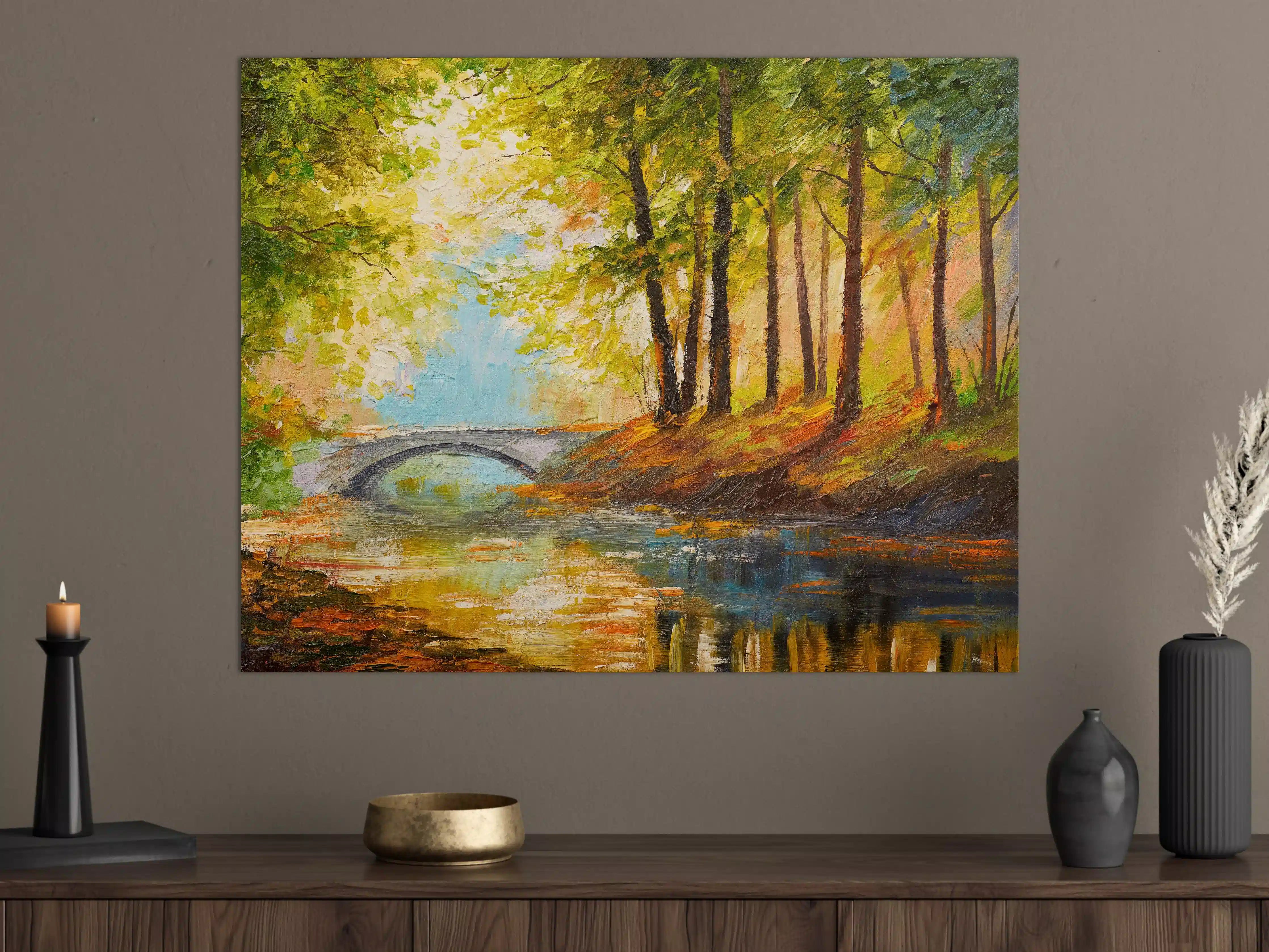 Große Wandbilder - Ölgemälde Herbst Wald mit Fluss