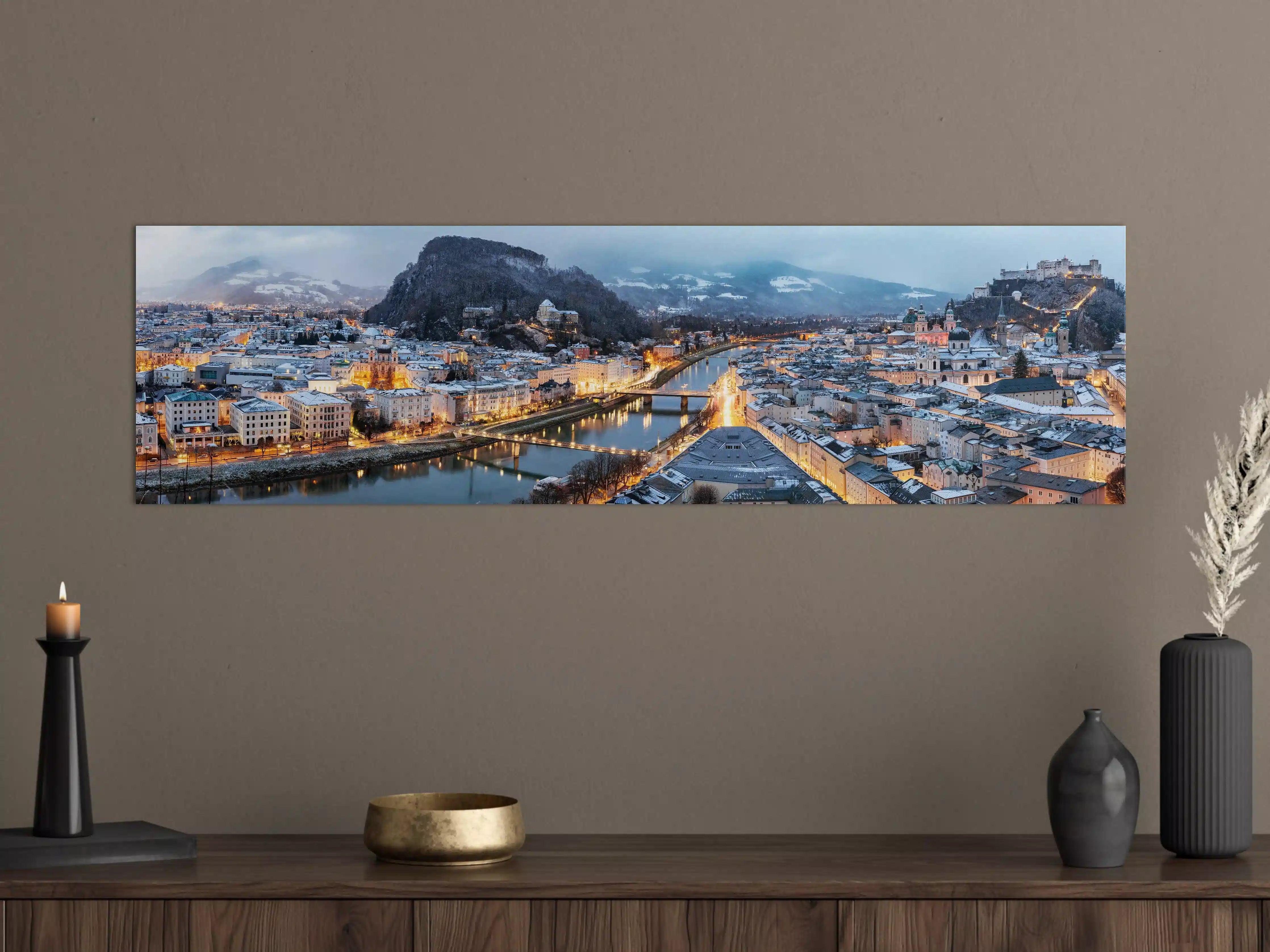 Große Wandbilder - Panorama der Stadt bei Sonnenuntergang mit Fluss