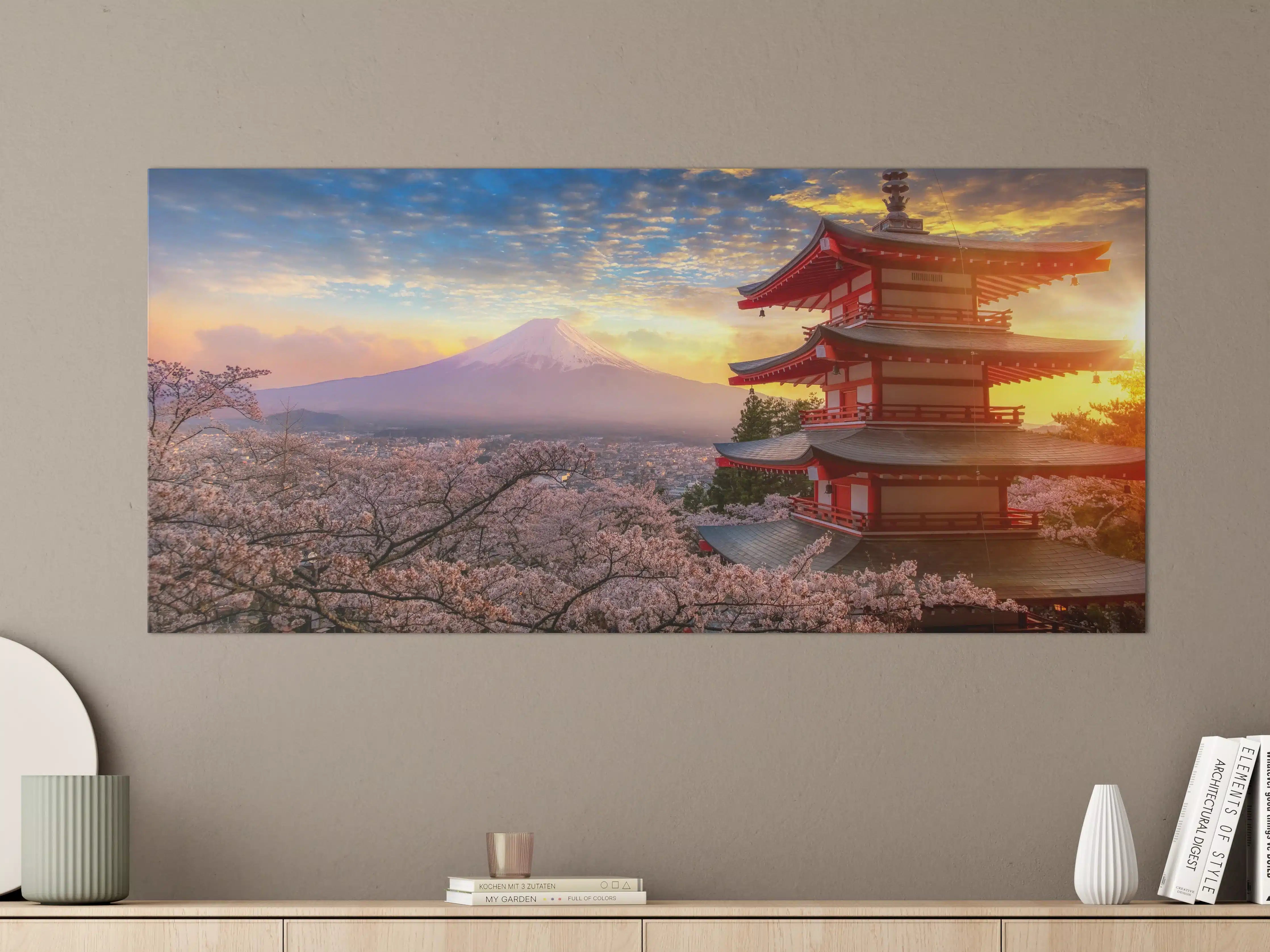 Große Wandbilder - Panoramablick auf Fujiyoshida Sonnenuntergang