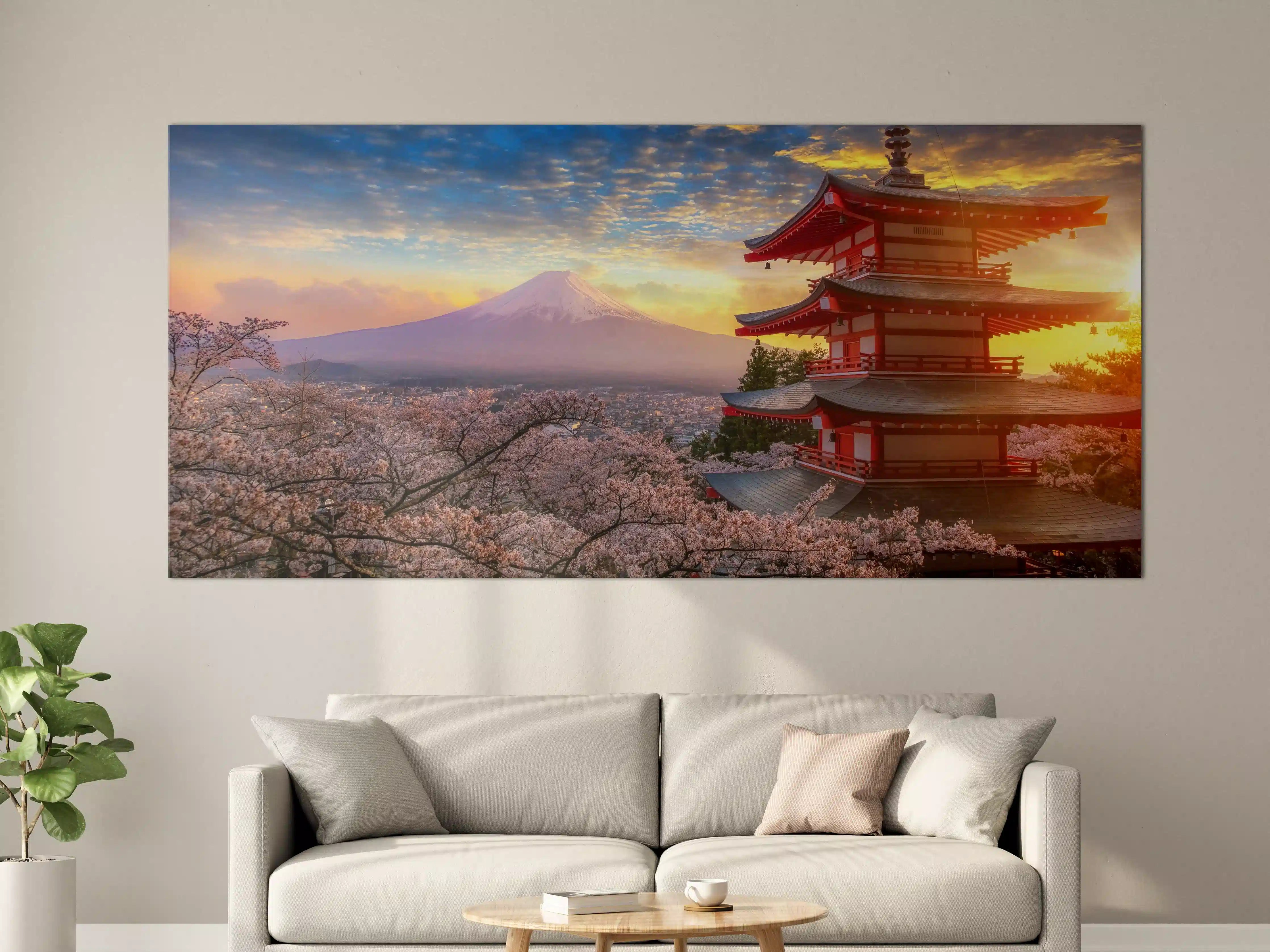 Große Wandbilder - Panoramablick auf Fujiyoshida Sonnenuntergang