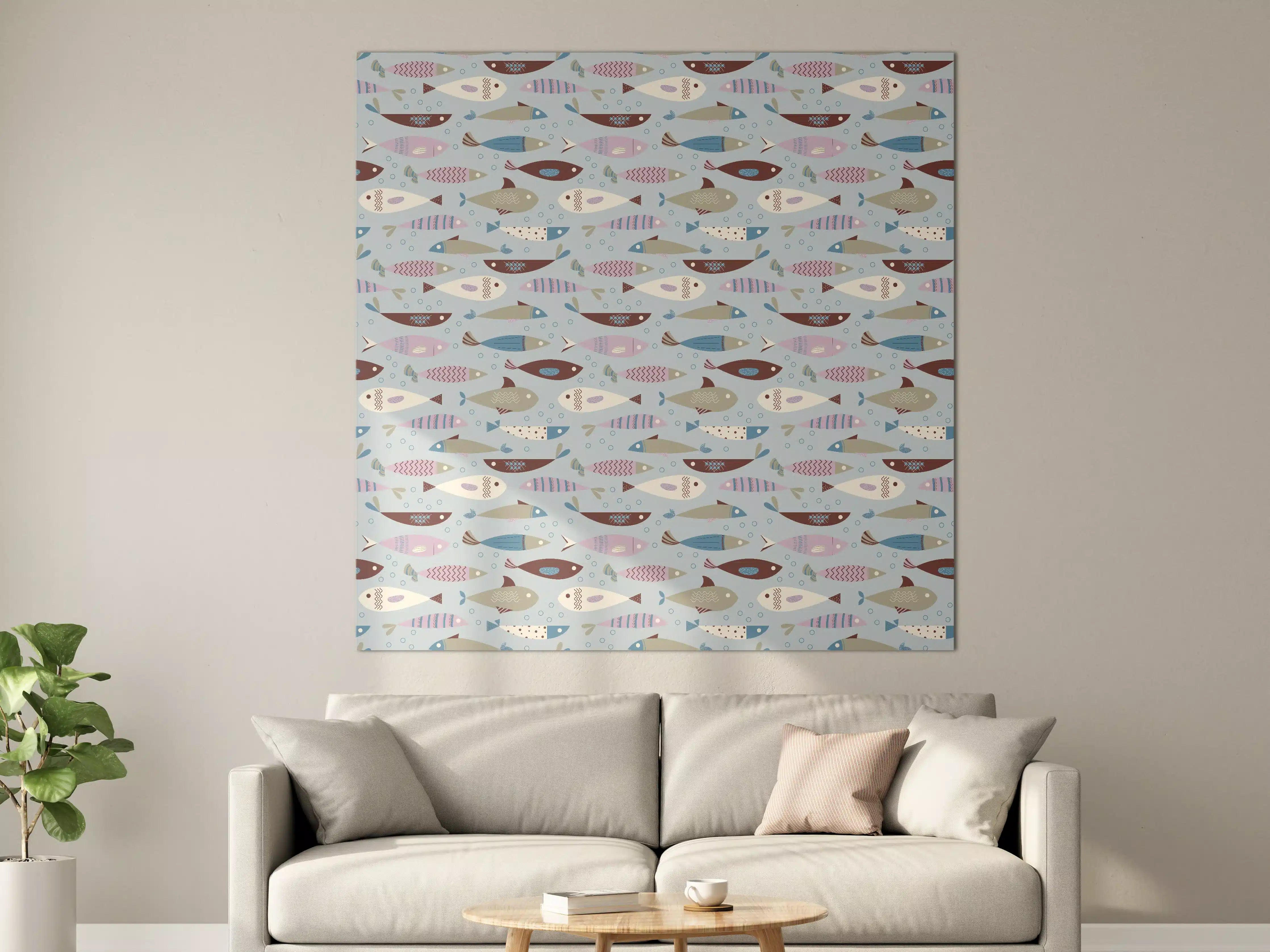 Große Wandbilder - Pastell-Fischmuster Blau Beige