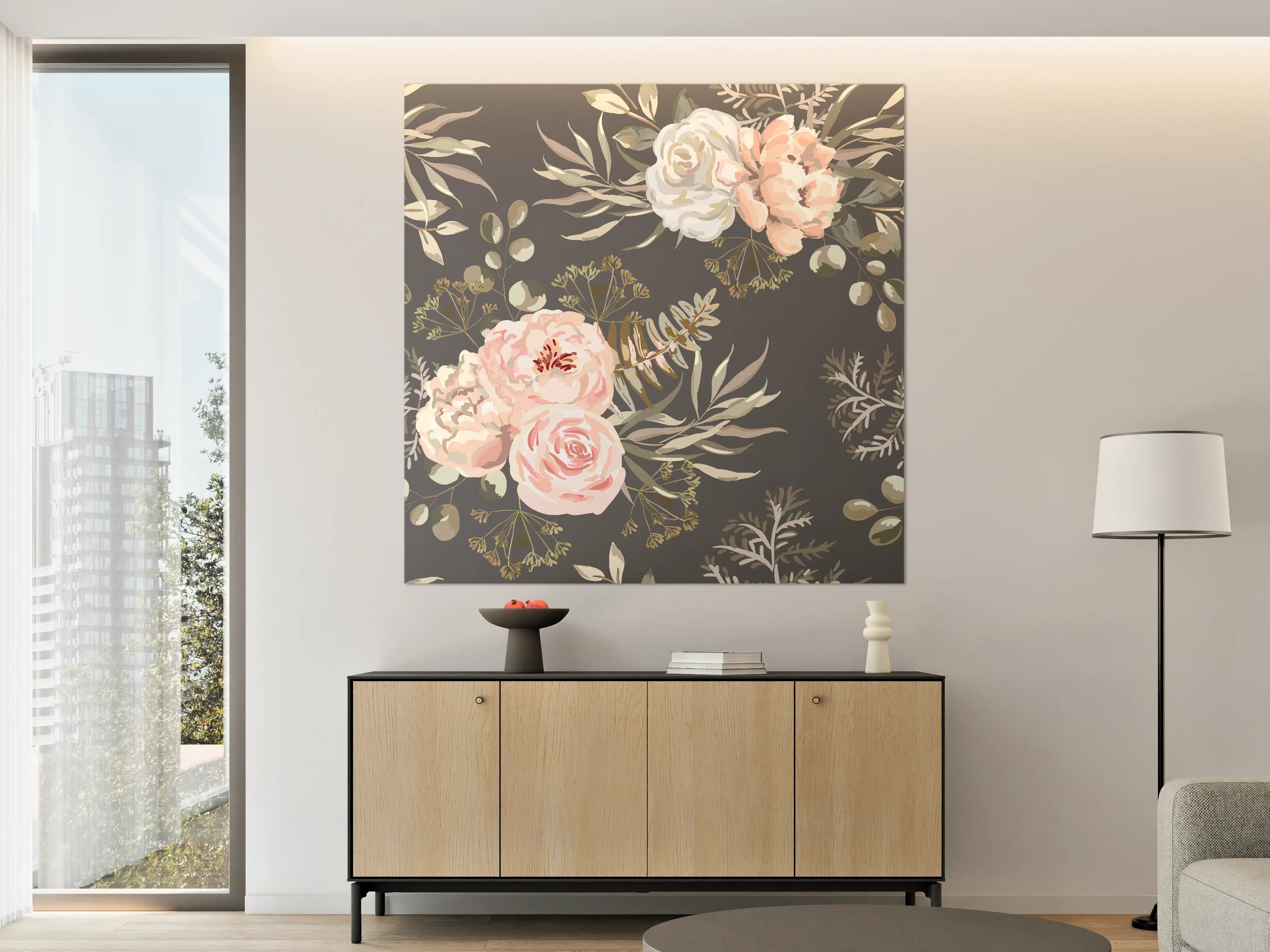 Große Wandbilder - Pastellfarbene Blumenillustration mit zarten Grautönen