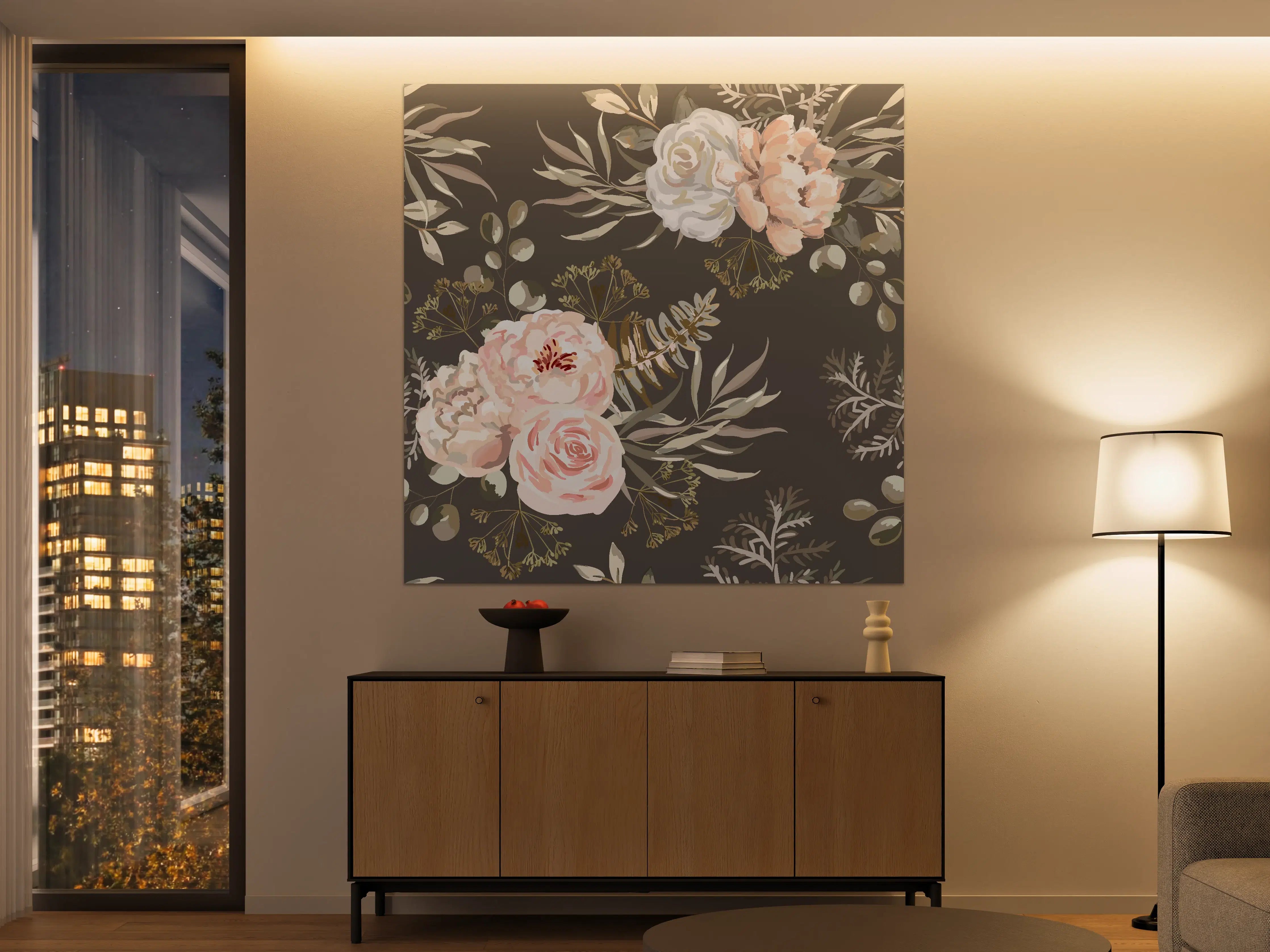 Große Wandbilder - Pastellfarbene Blumenillustration mit zarten Grautönen