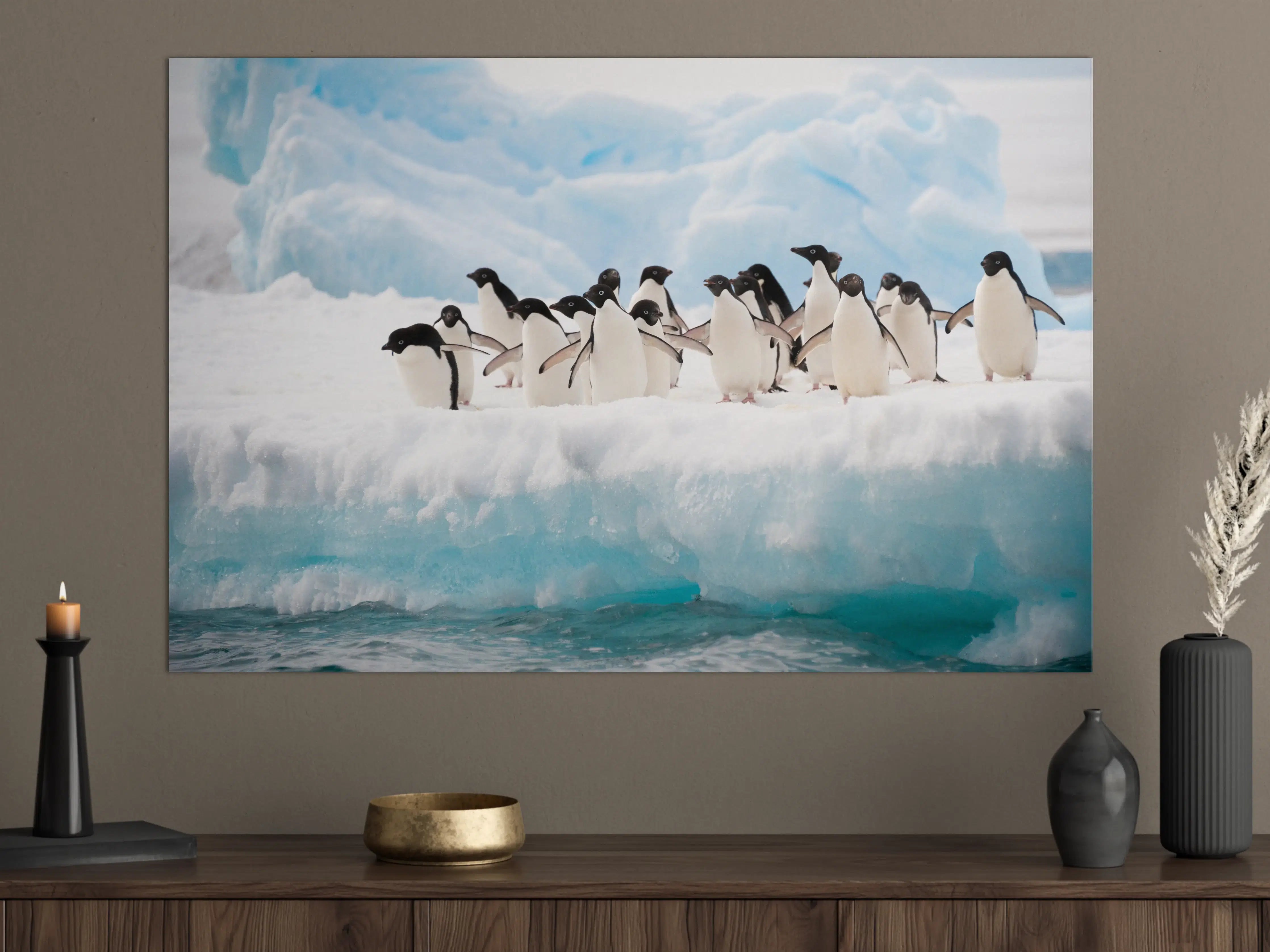 Große Wandbilder - Pinguine auf Eis vor Gletscher