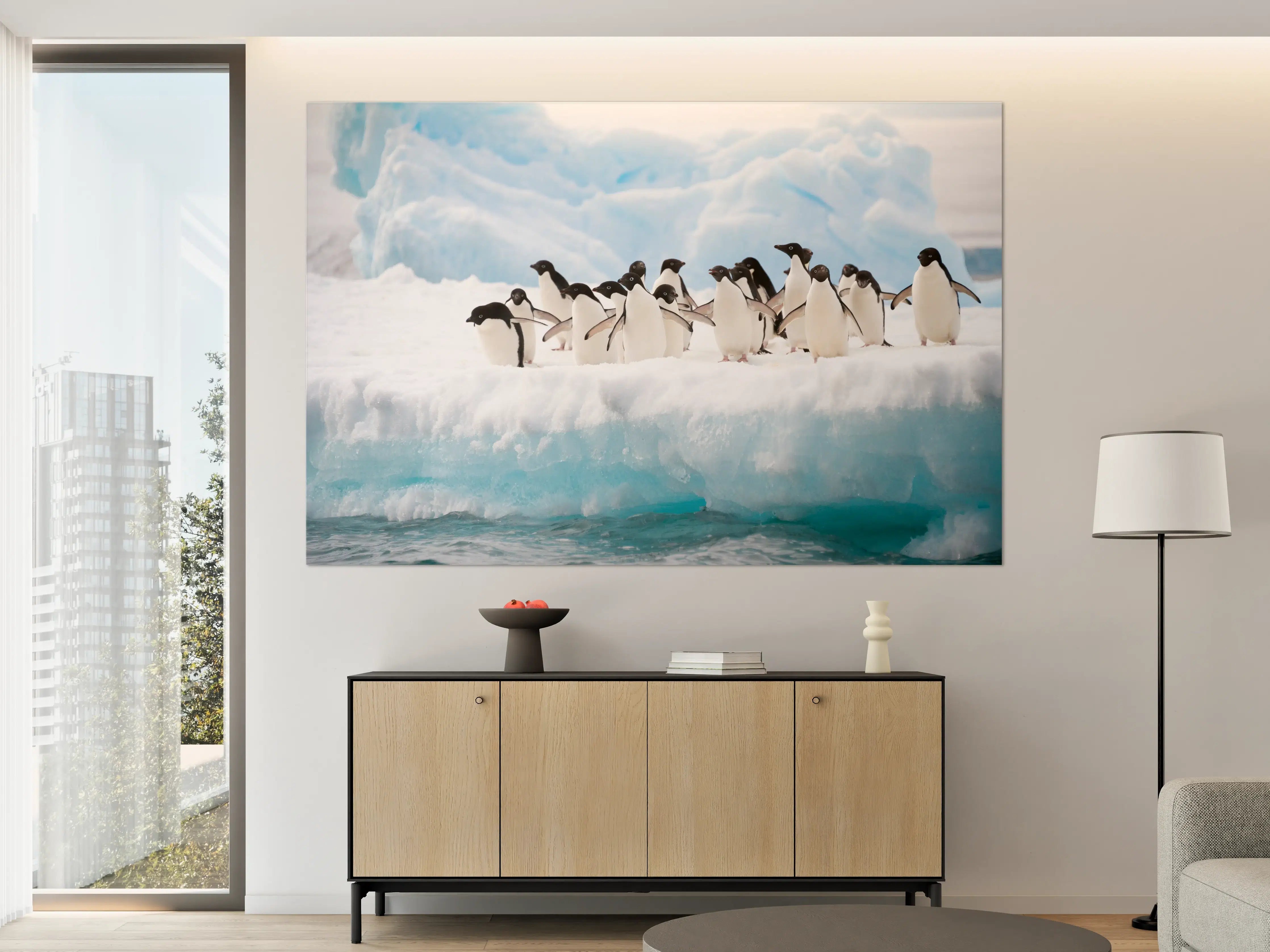 Große Wandbilder - Pinguine auf Eis vor Gletscher