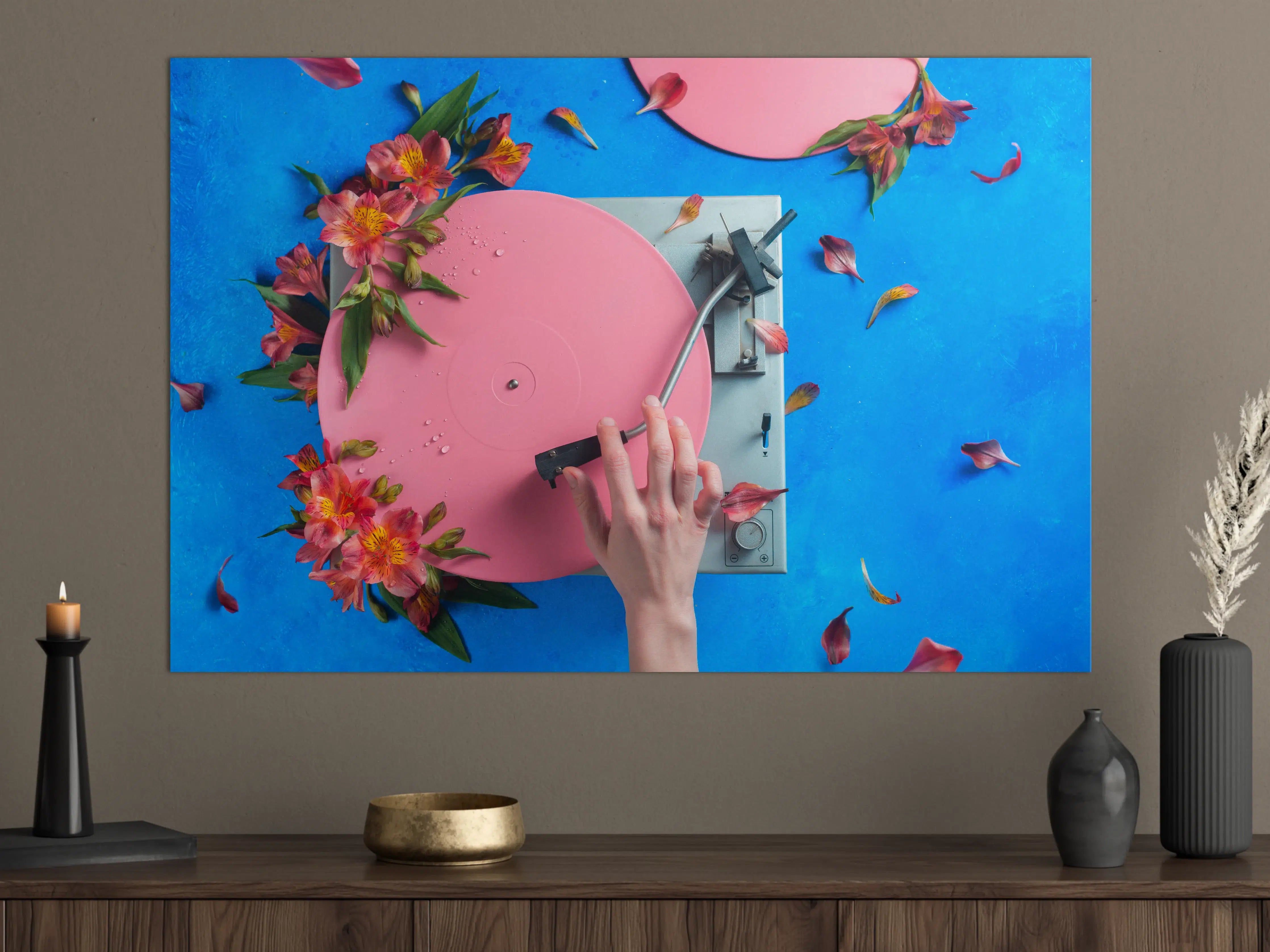 Große Wandbilder - Pink-Plattenspieler mit Blumen und Blüten