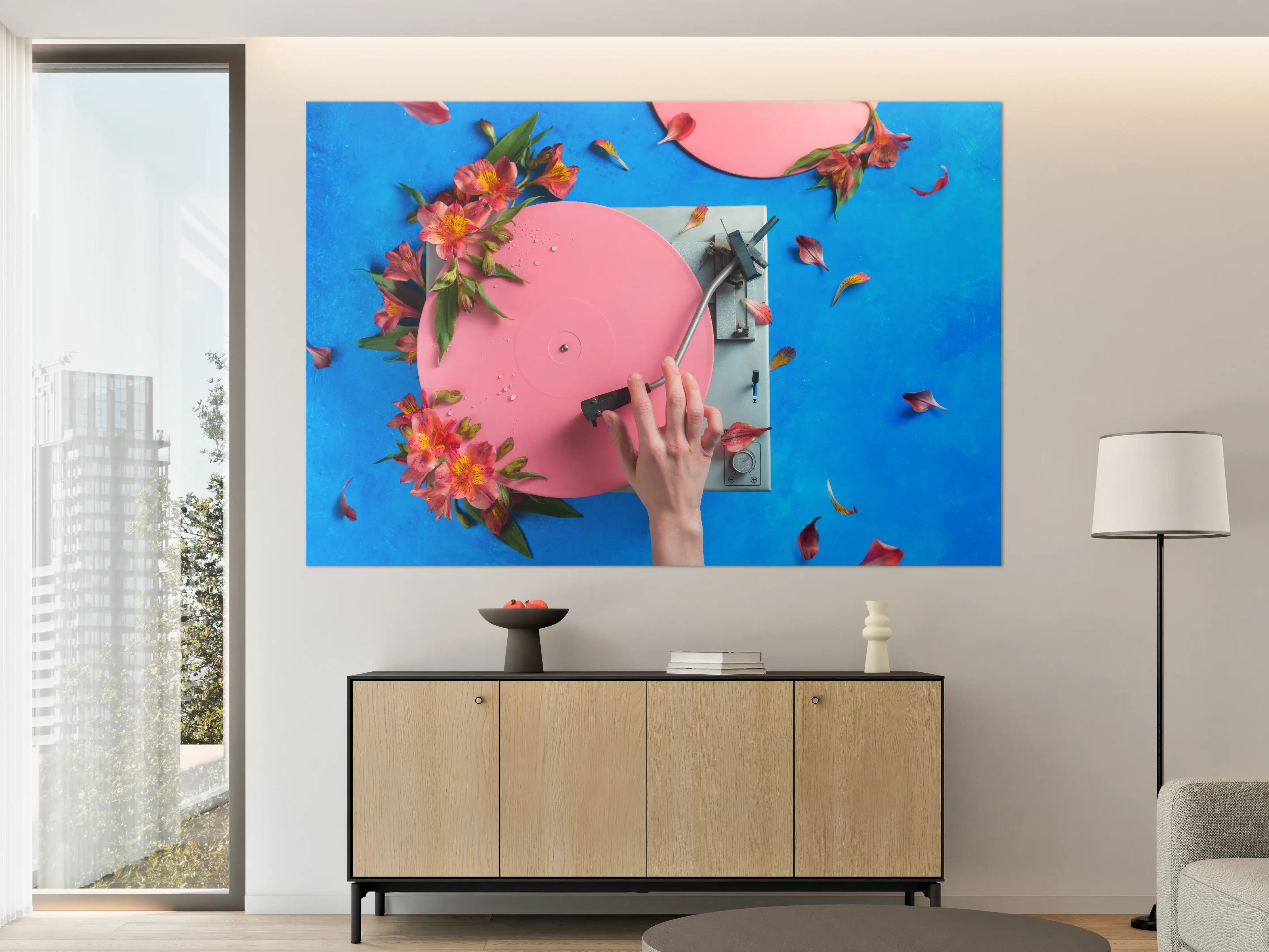 Große Wandbilder - Pink-Plattenspieler mit Blumen und Blüten
