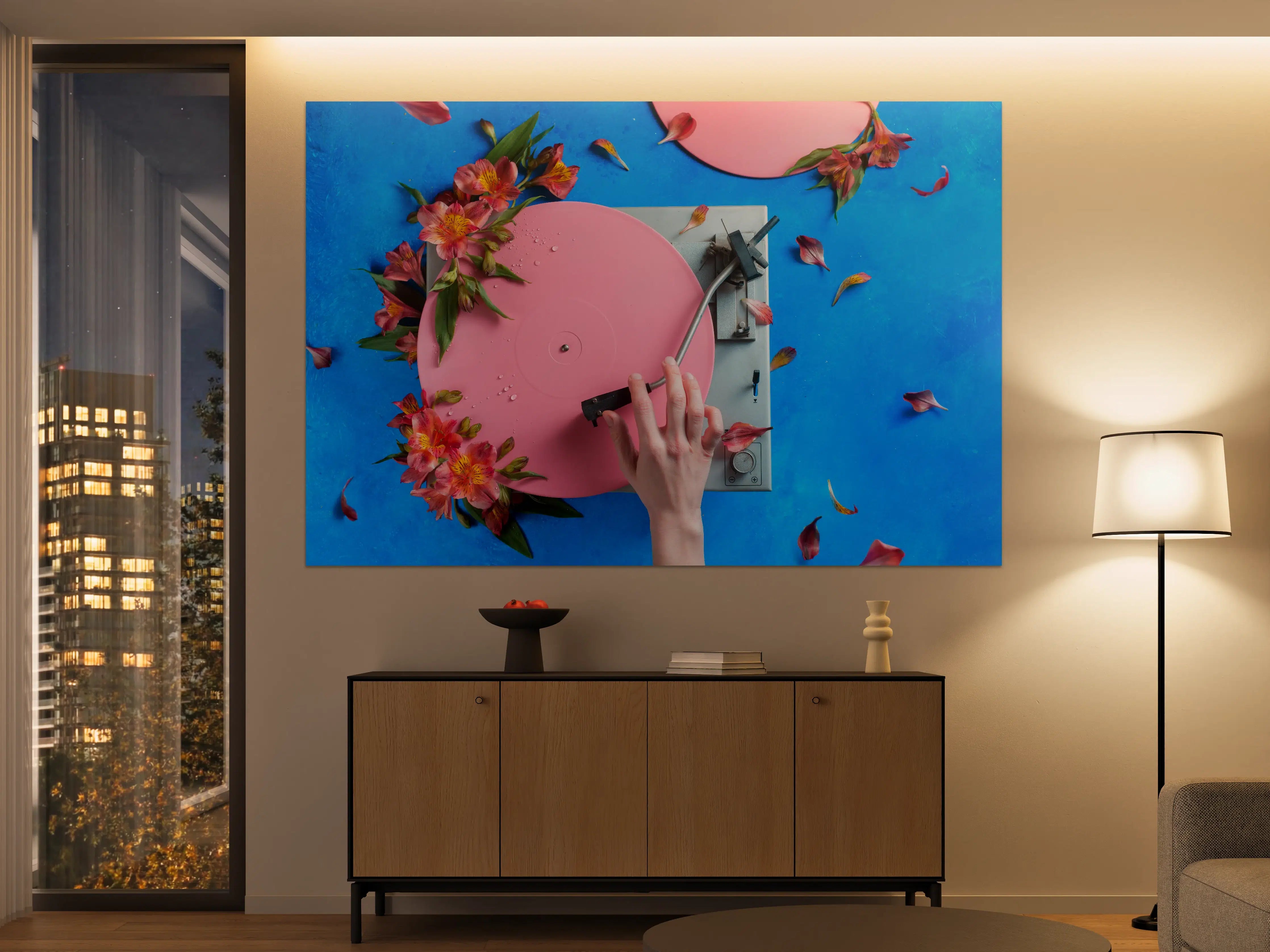 Große Wandbilder - Pink-Plattenspieler mit Blumen und Blüten