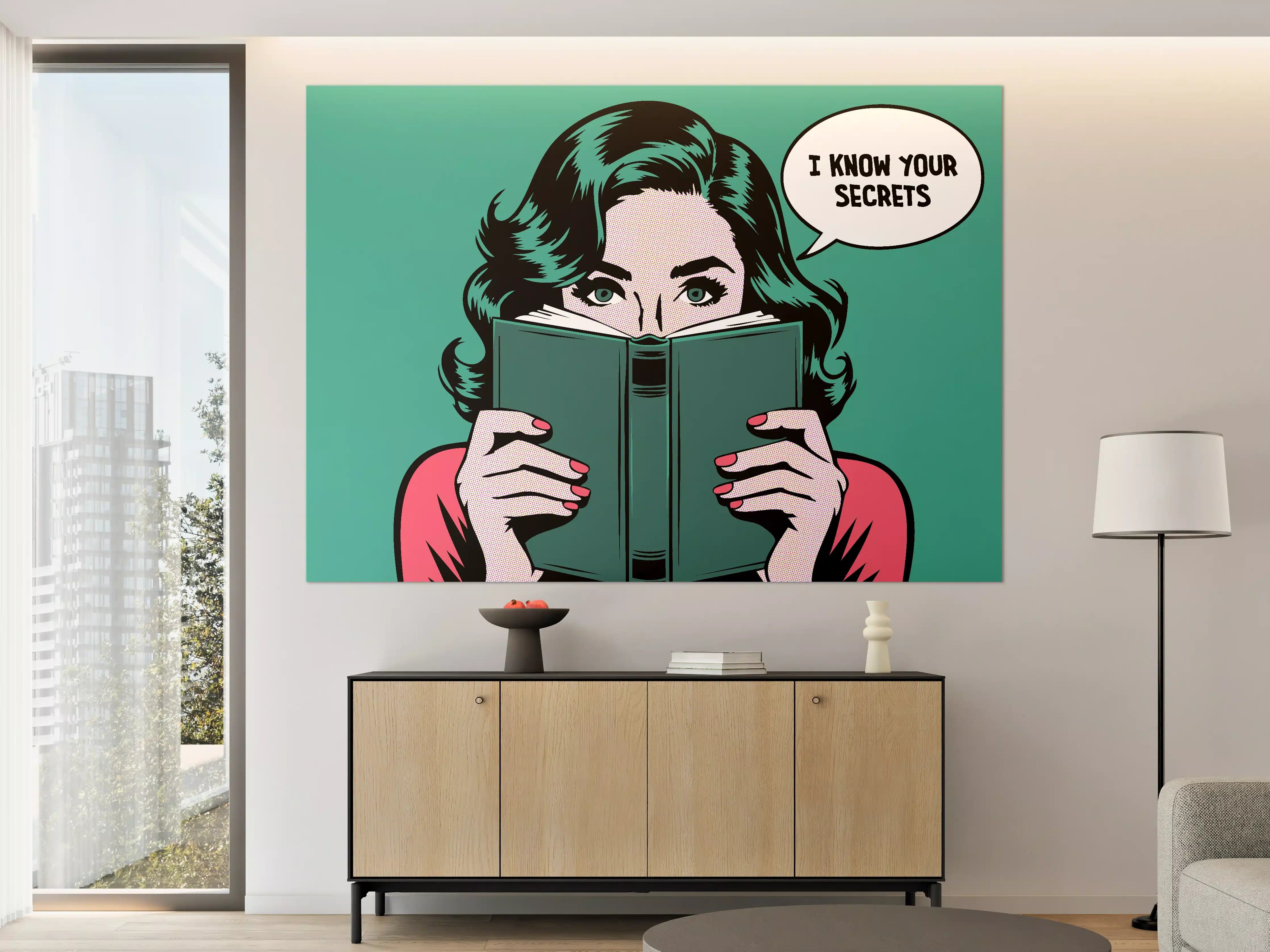 Große Wandbilder - Pop-Art Frau mit Buch, Geheimnis