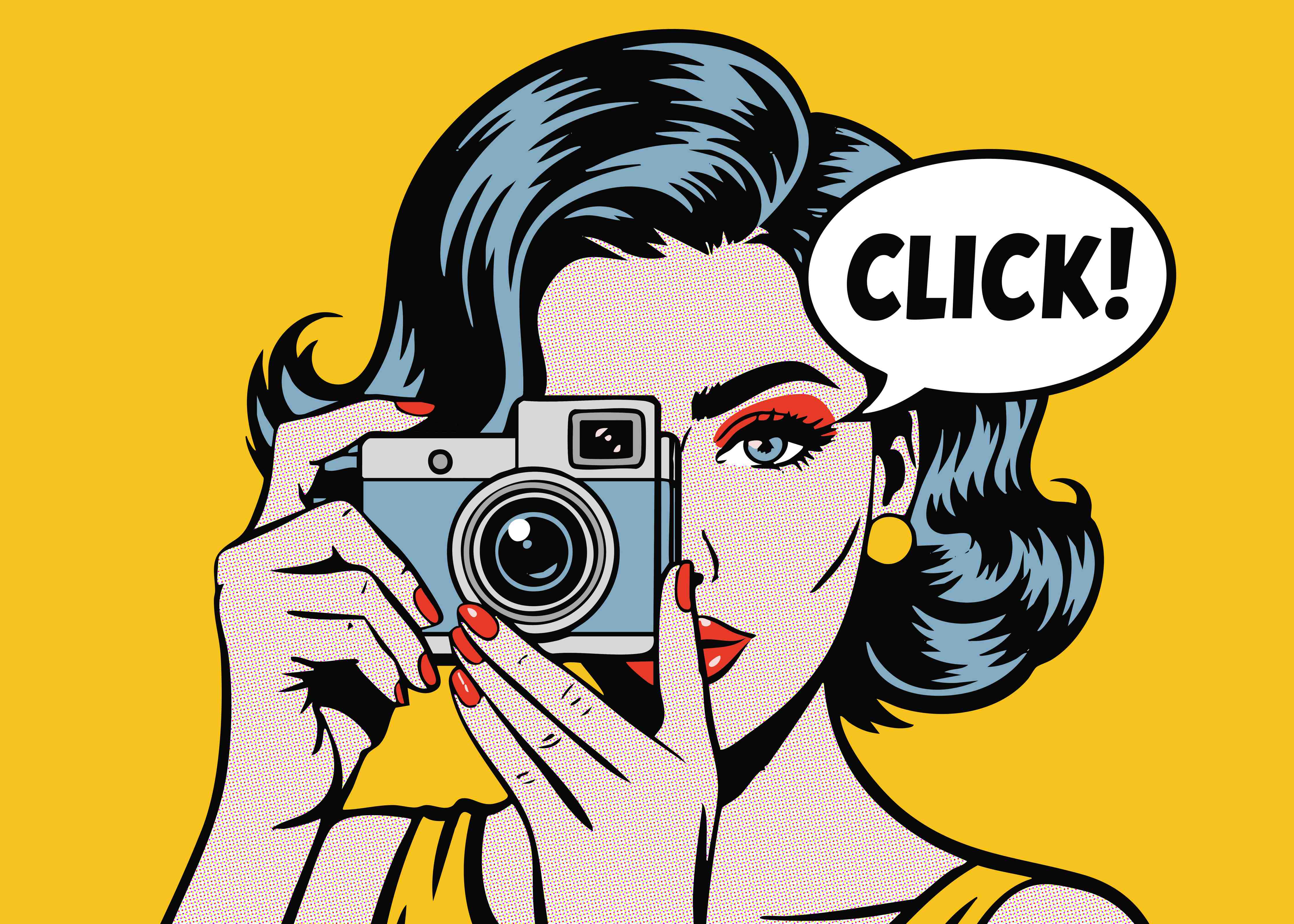 Große Wandbilder-Pop-Art Frau mit Kamera auf Gelbem Hintergrund