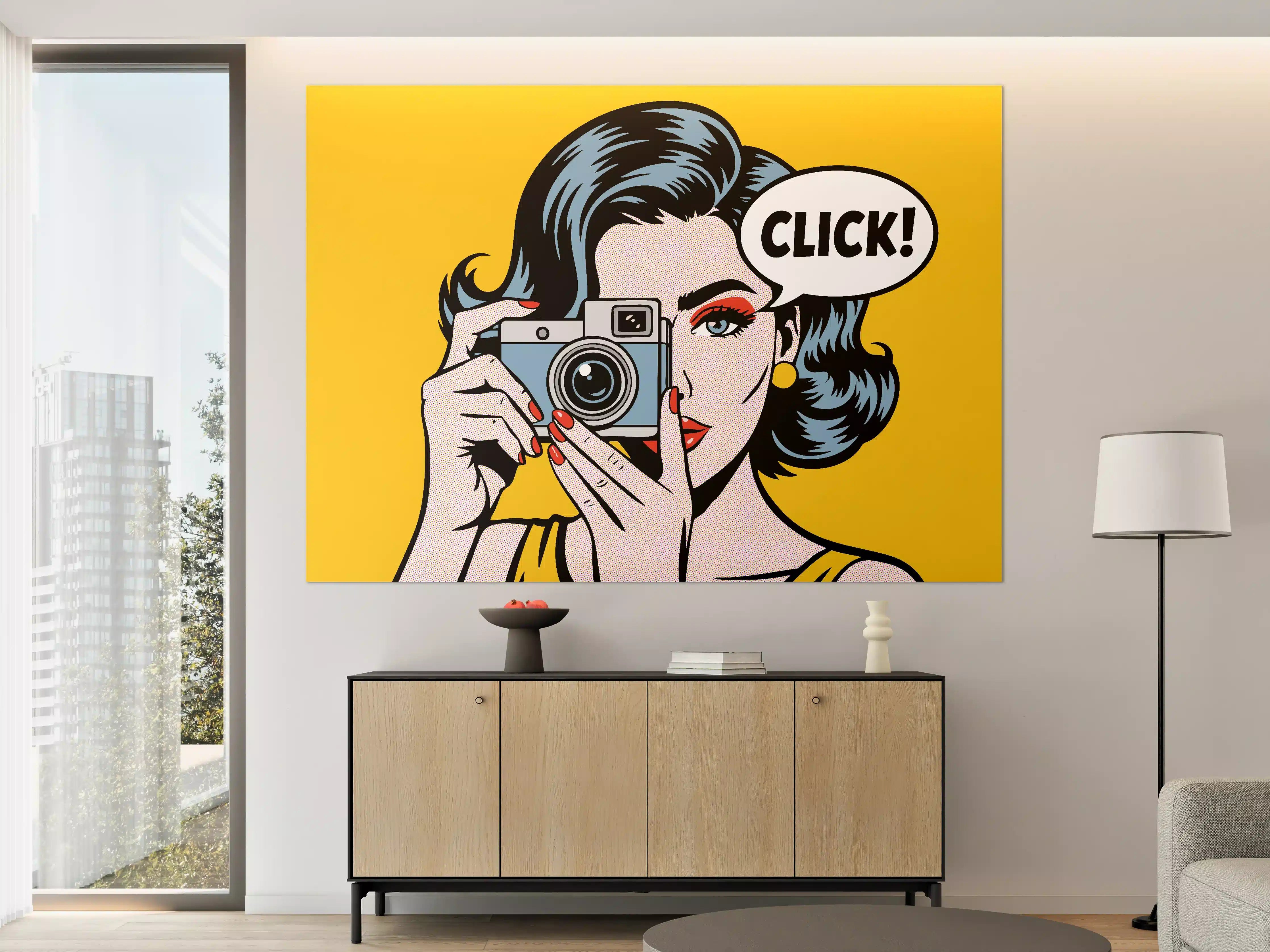 Große Wandbilder - Pop-Art Frau mit Kamera auf Gelbem Hintergrund