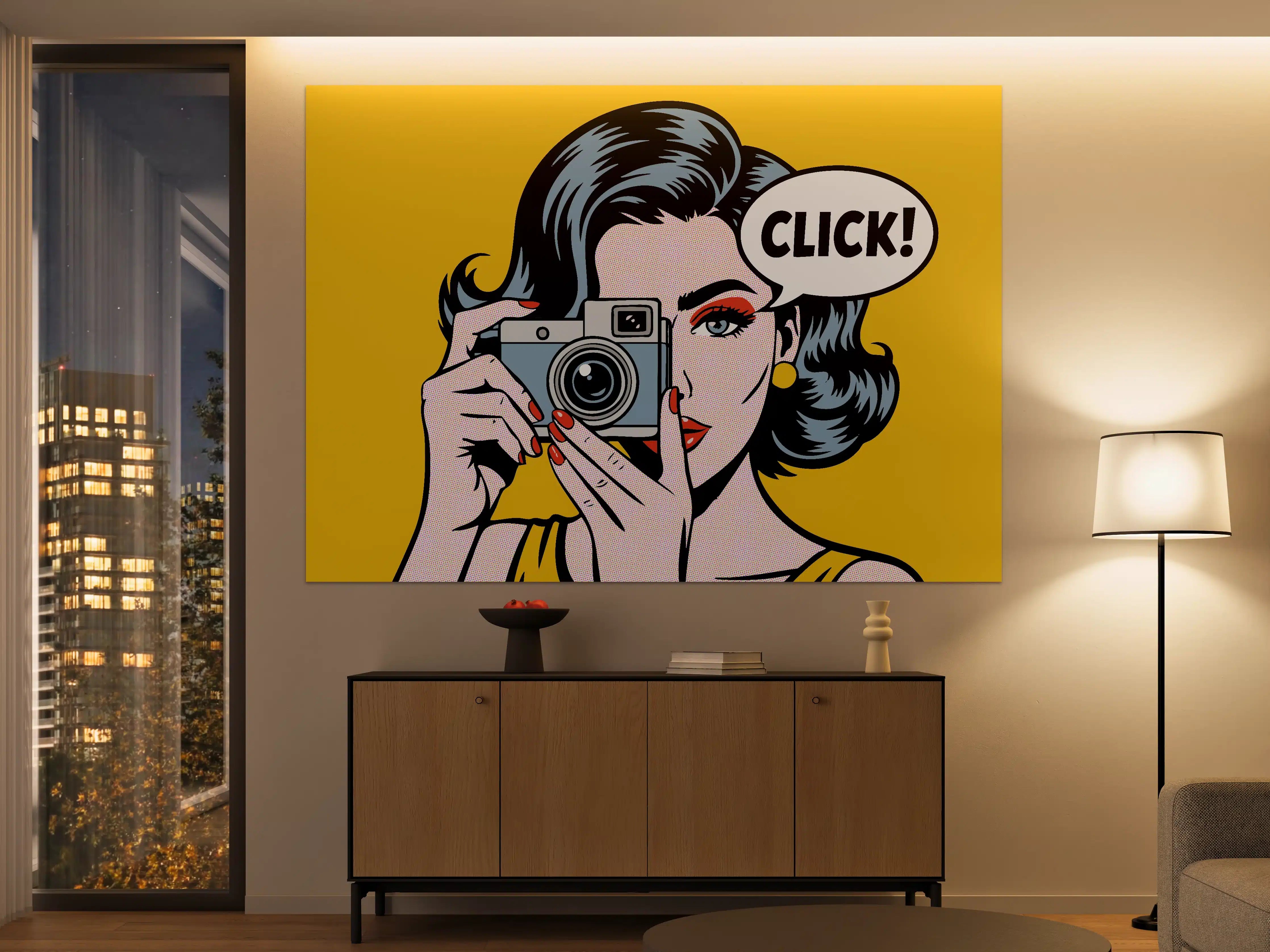 Große Wandbilder - Pop-Art Frau mit Kamera auf Gelbem Hintergrund