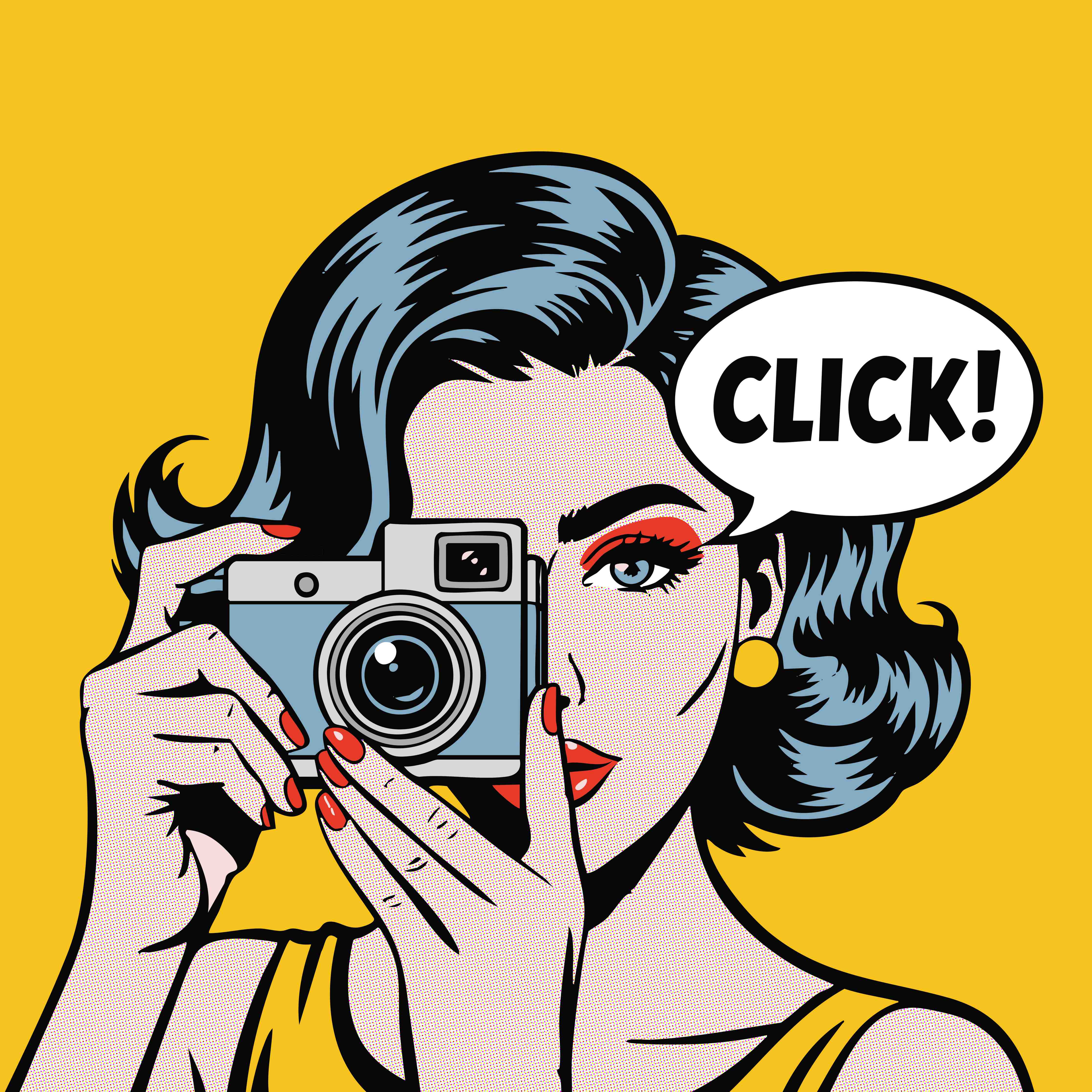 Große Wandbilder-Pop-Art Frau mit Kamera in Gelb