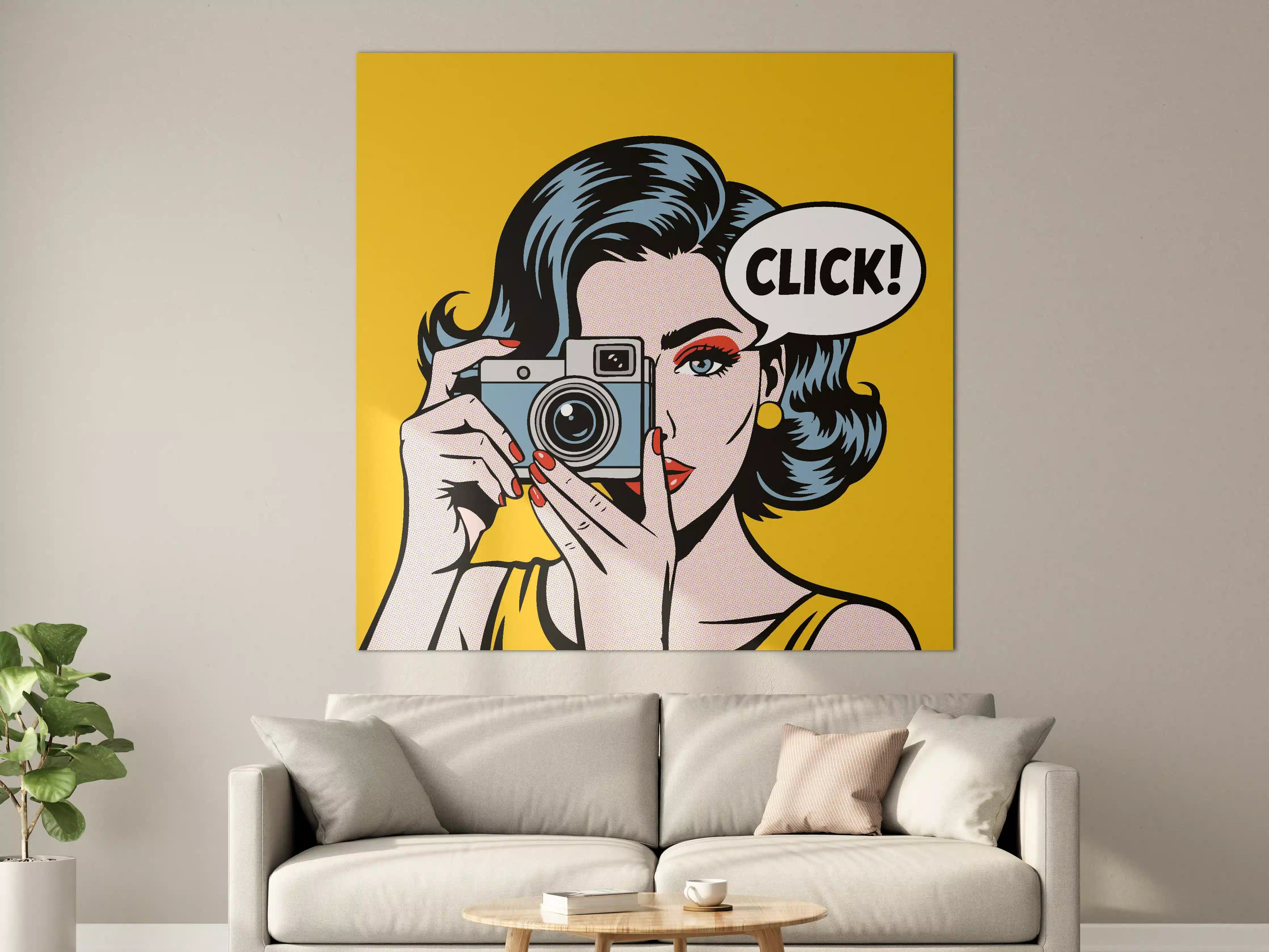 Große Wandbilder - Pop-Art Frau mit Kamera in Gelb