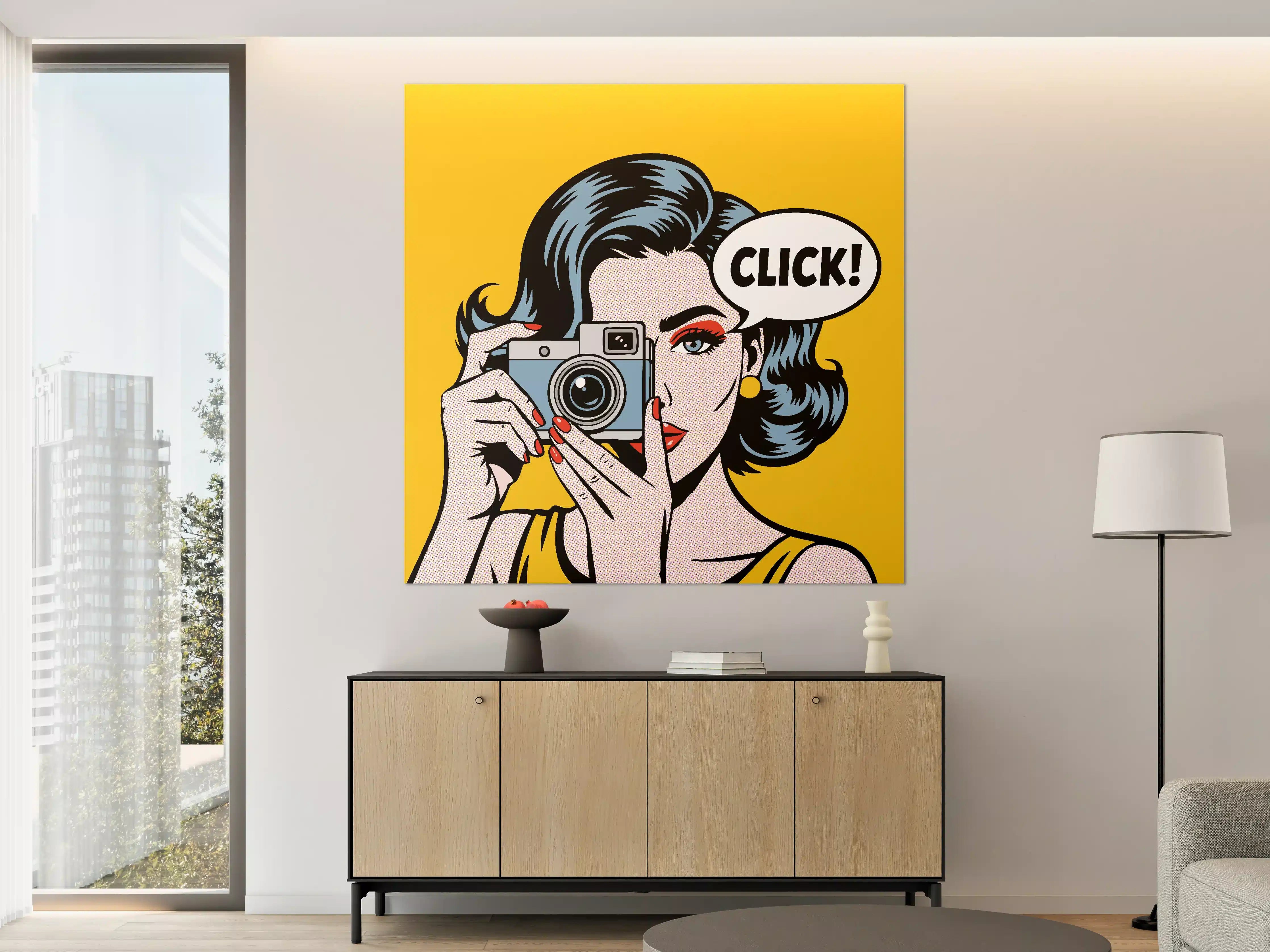 Große Wandbilder - Pop-Art Frau mit Kamera in Gelb